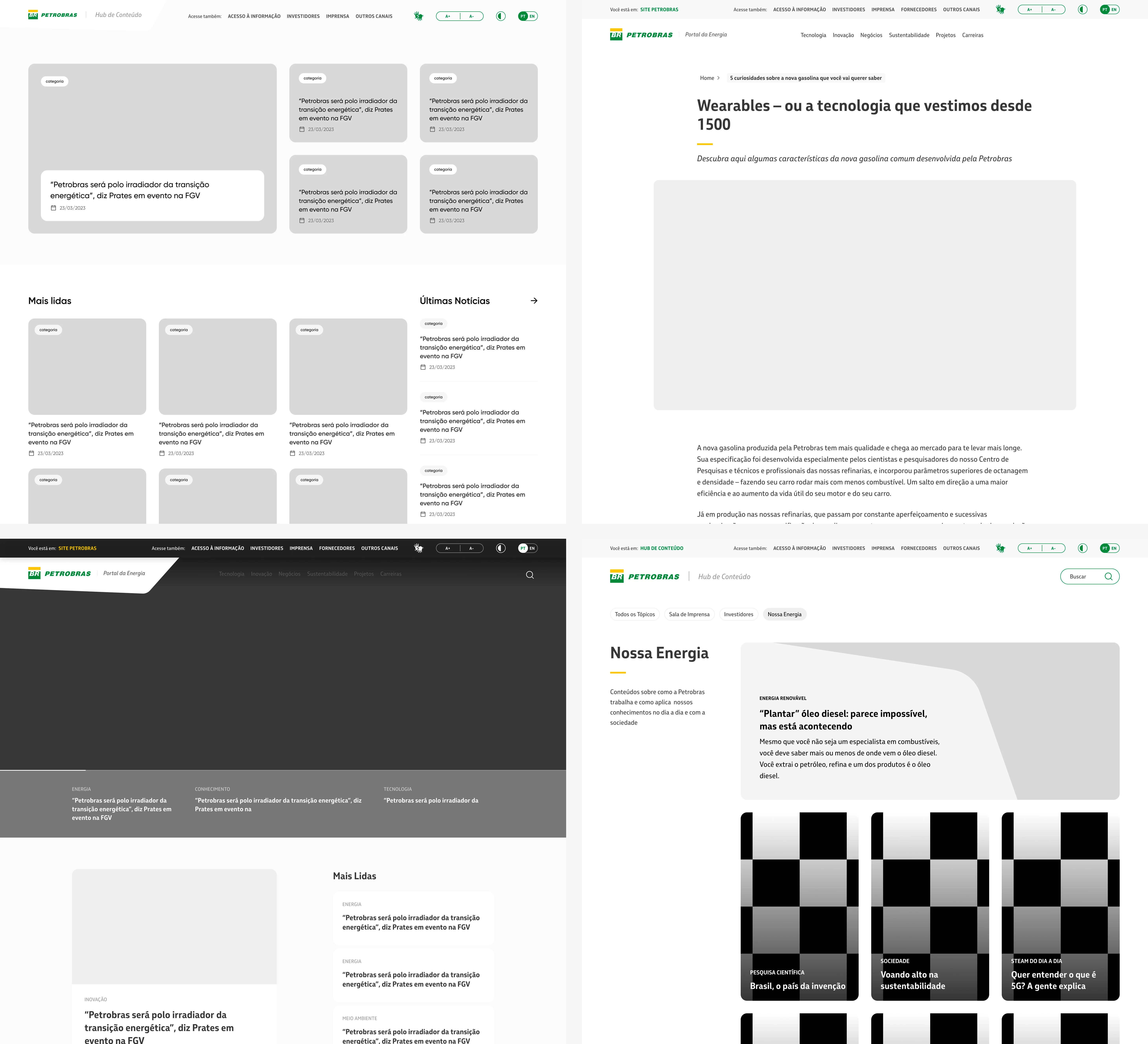 Foram feitas diversas rodadas de testes e validações de wireframes até chegar numa proposta que fosse de acordo com a marca e principalmente a versatilidade em relação a variação de conteúdos.
