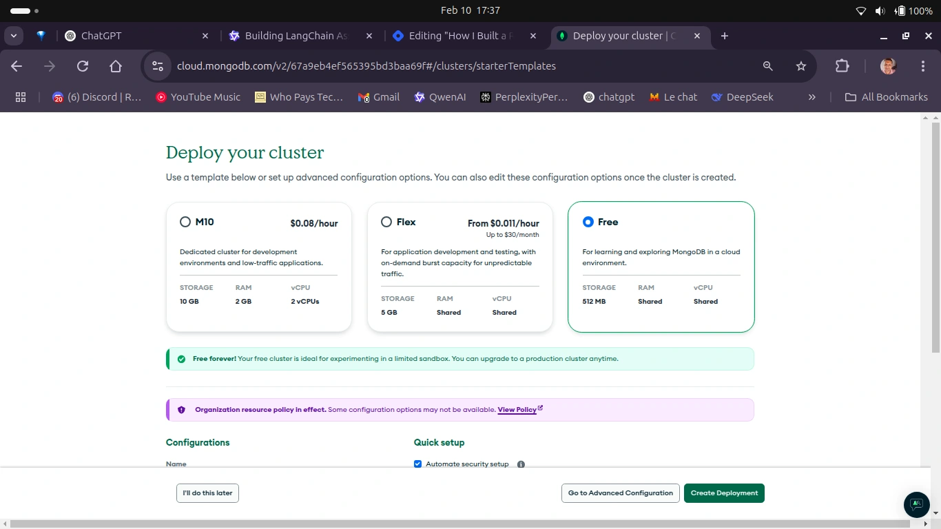 mongodb cluster selection page