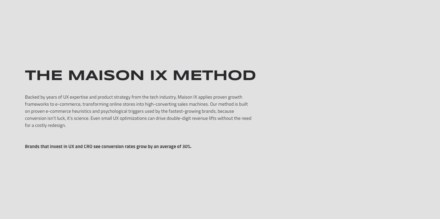 Core strategic methodology section designed to establish credibility and trust. This scroll block blends UX expertise, data-backed psychology, and growth logic, positioning Maison IX as both creative and scientifically grounded.