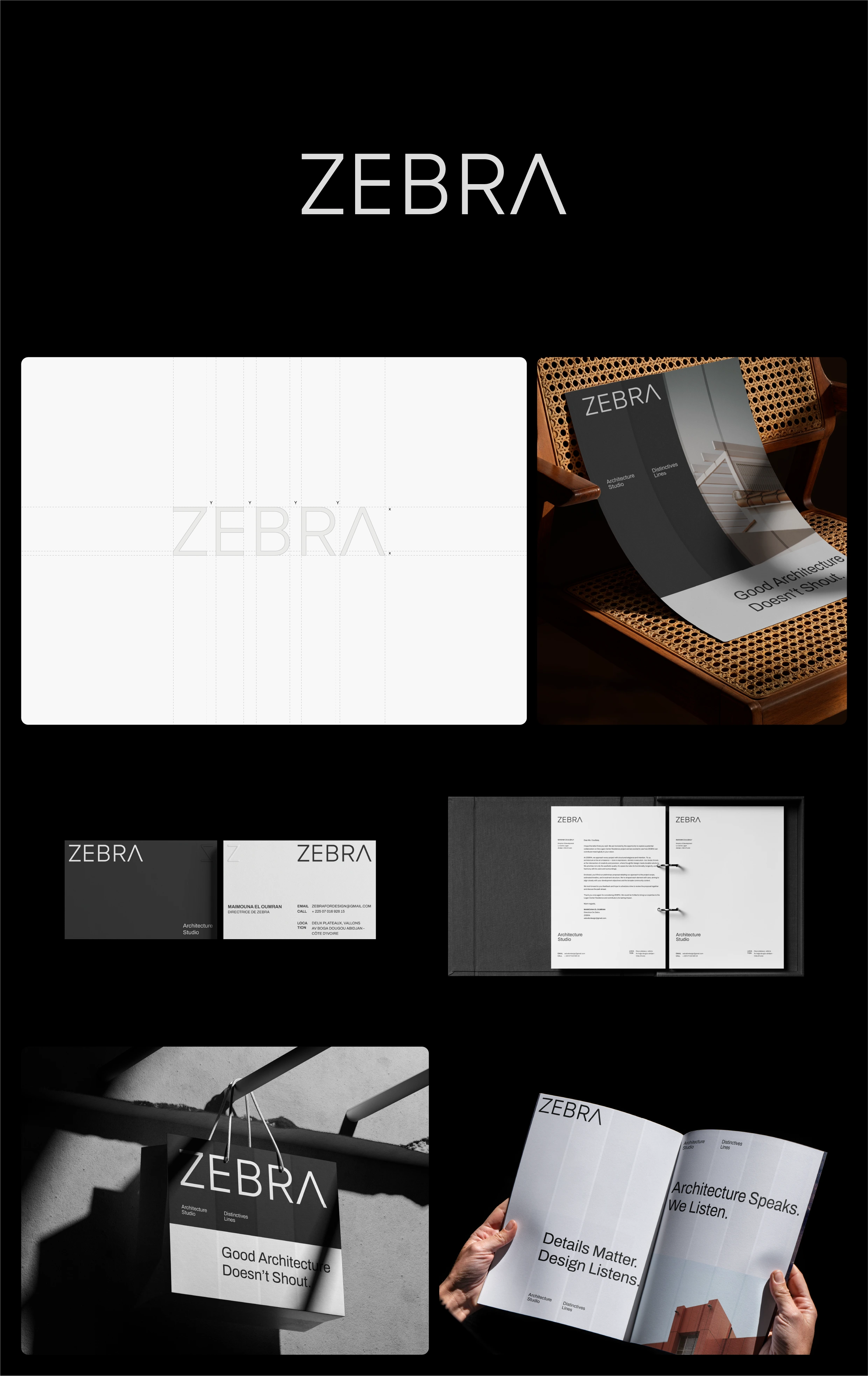 Branding for Zebra Architecture Studios, an architectural studio based in Côte d’Ivoire, built on plain minimalism and visual clarity.