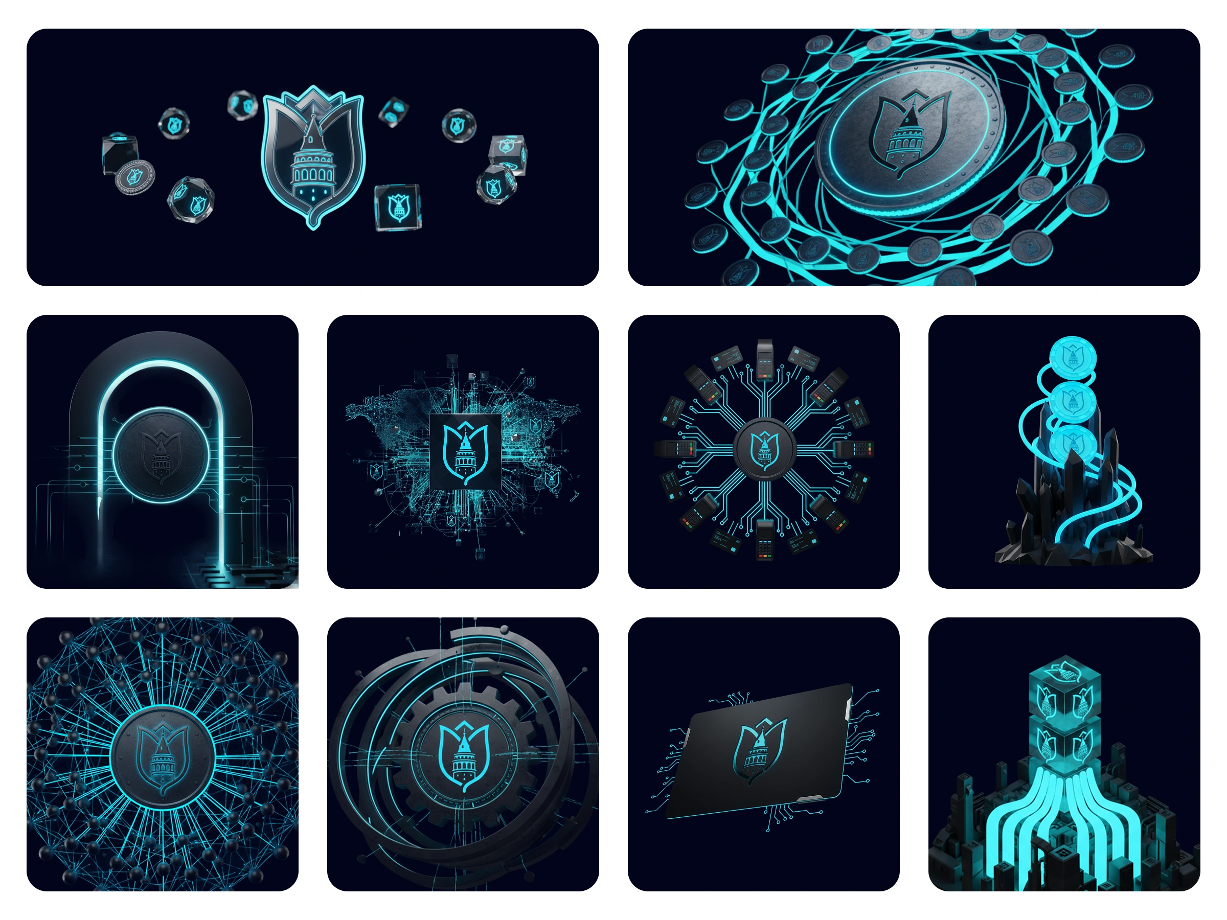 Through precise prompt engineering, we crafted 3D visuals that perfectly align with the UI system — each design preserves the exact form of the İstanbul Chain logo while visually expressing speed, connectivity, and trust across the entire ecosystem.