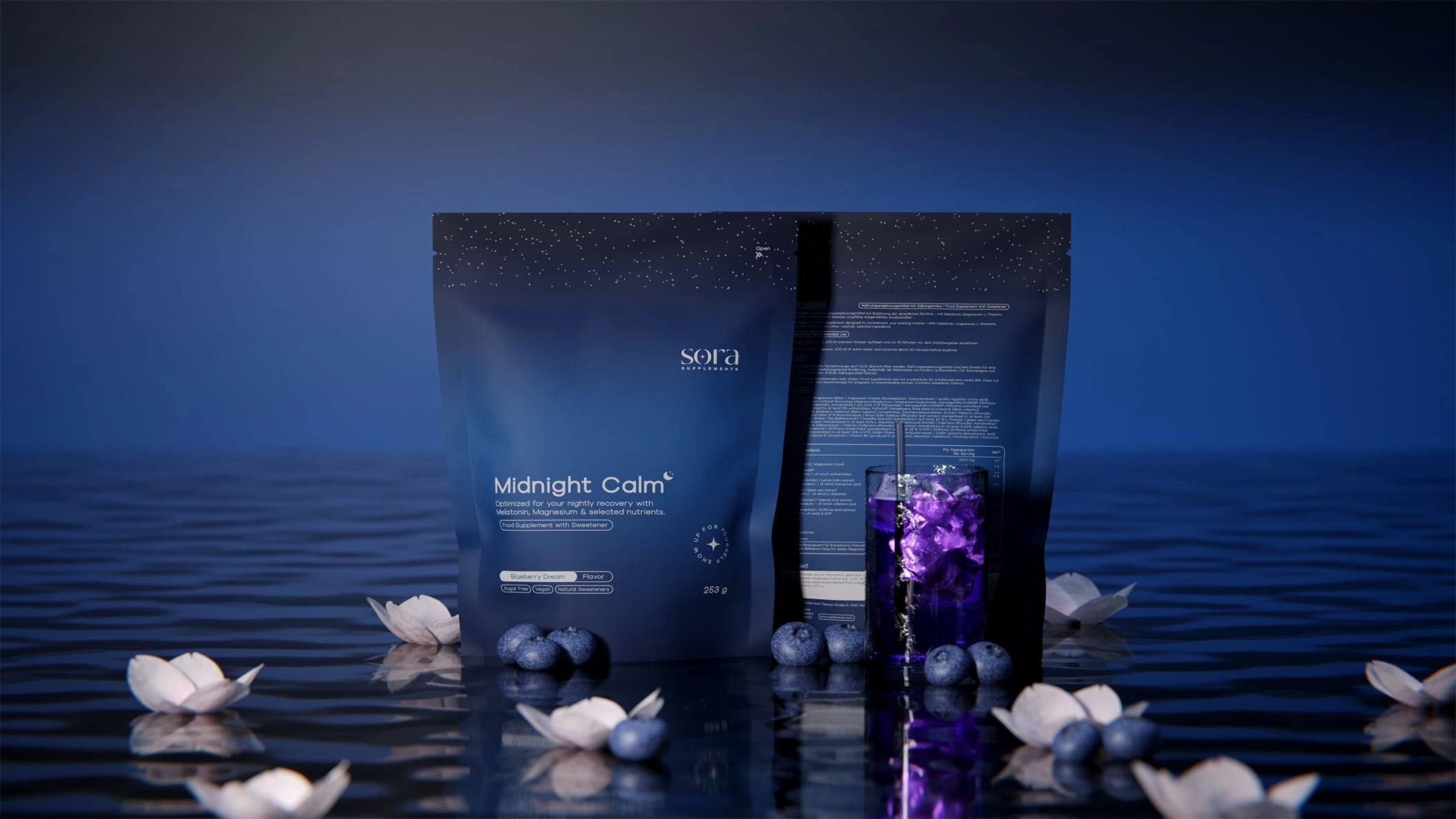 Midnight Calm — a soothing Blueberry Dream formula in a deep, minimal packaging that reflects nighttime recovery and relaxation.