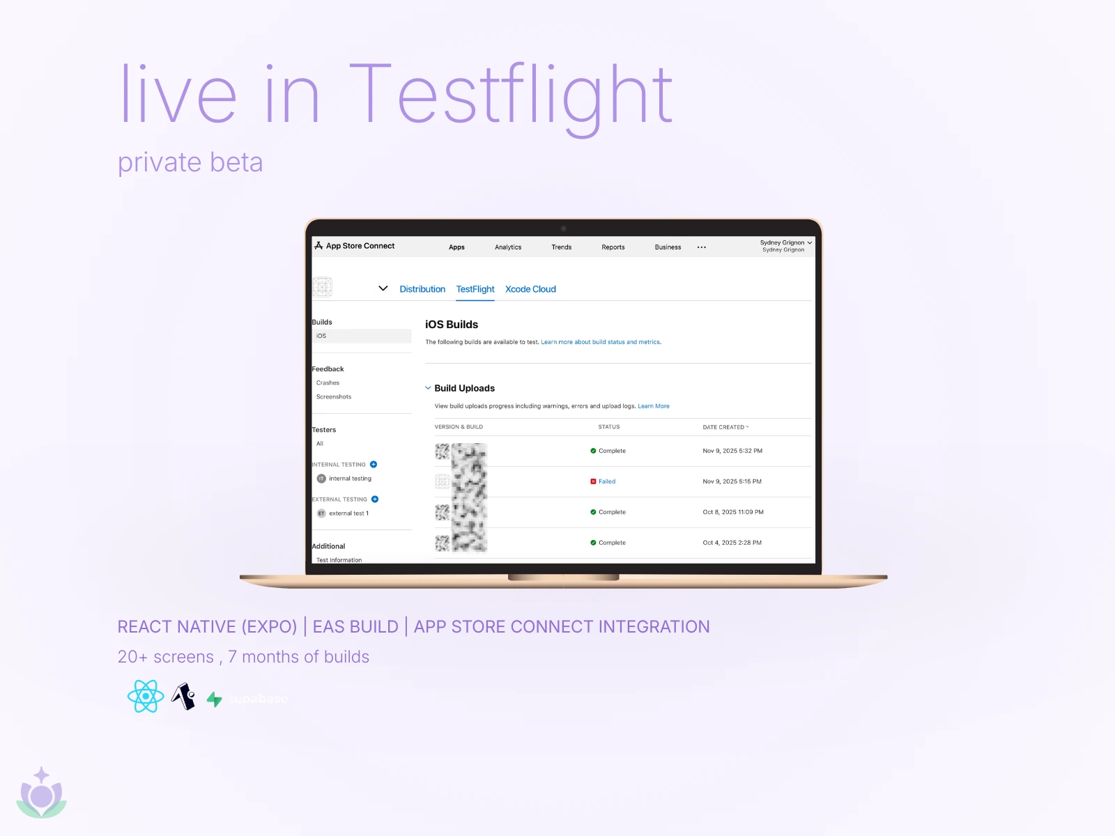 Private beta builds shipped with EAS and App Store Connect. Seven months of builds and over twenty screens created with React Native, Expo, and Supabase.