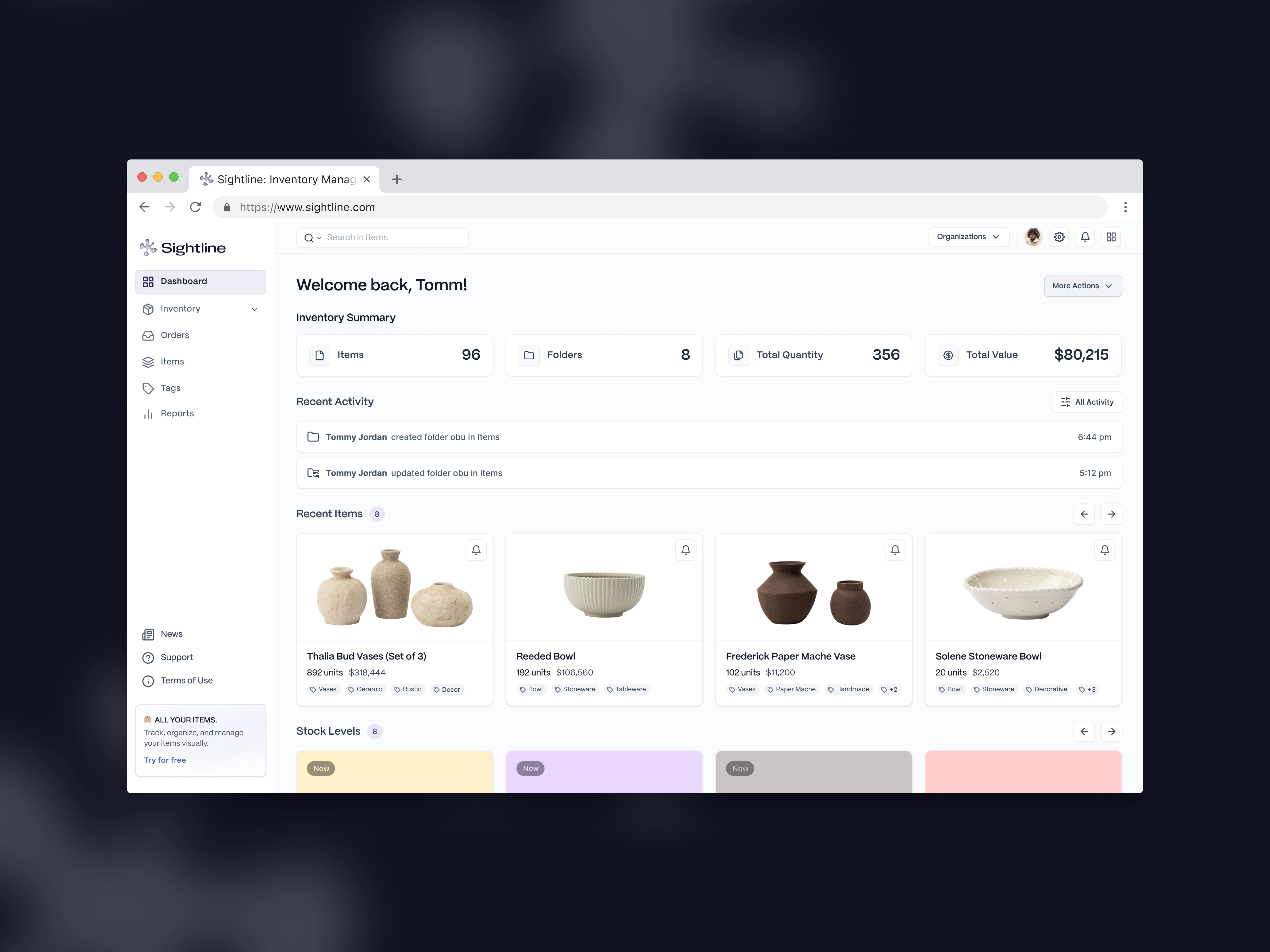 📊 Dashboard Overview
A clean, high-level summary of inventory performance: total items, value, quantity, and recent activity — all in one place.