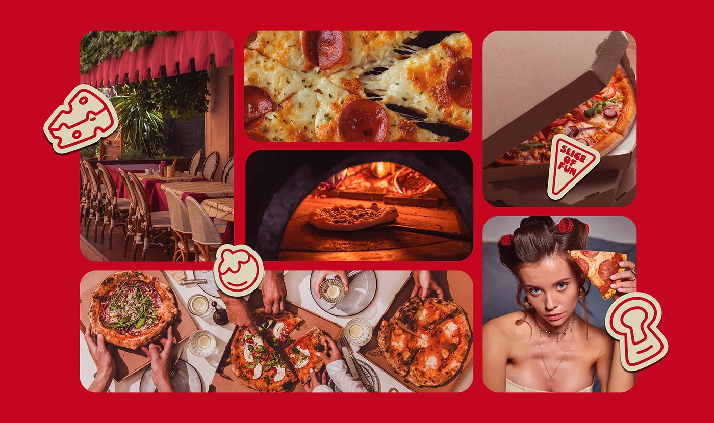 Warm Italian restaurant visuals blending pizza lifestyle, food, and brand identity.
