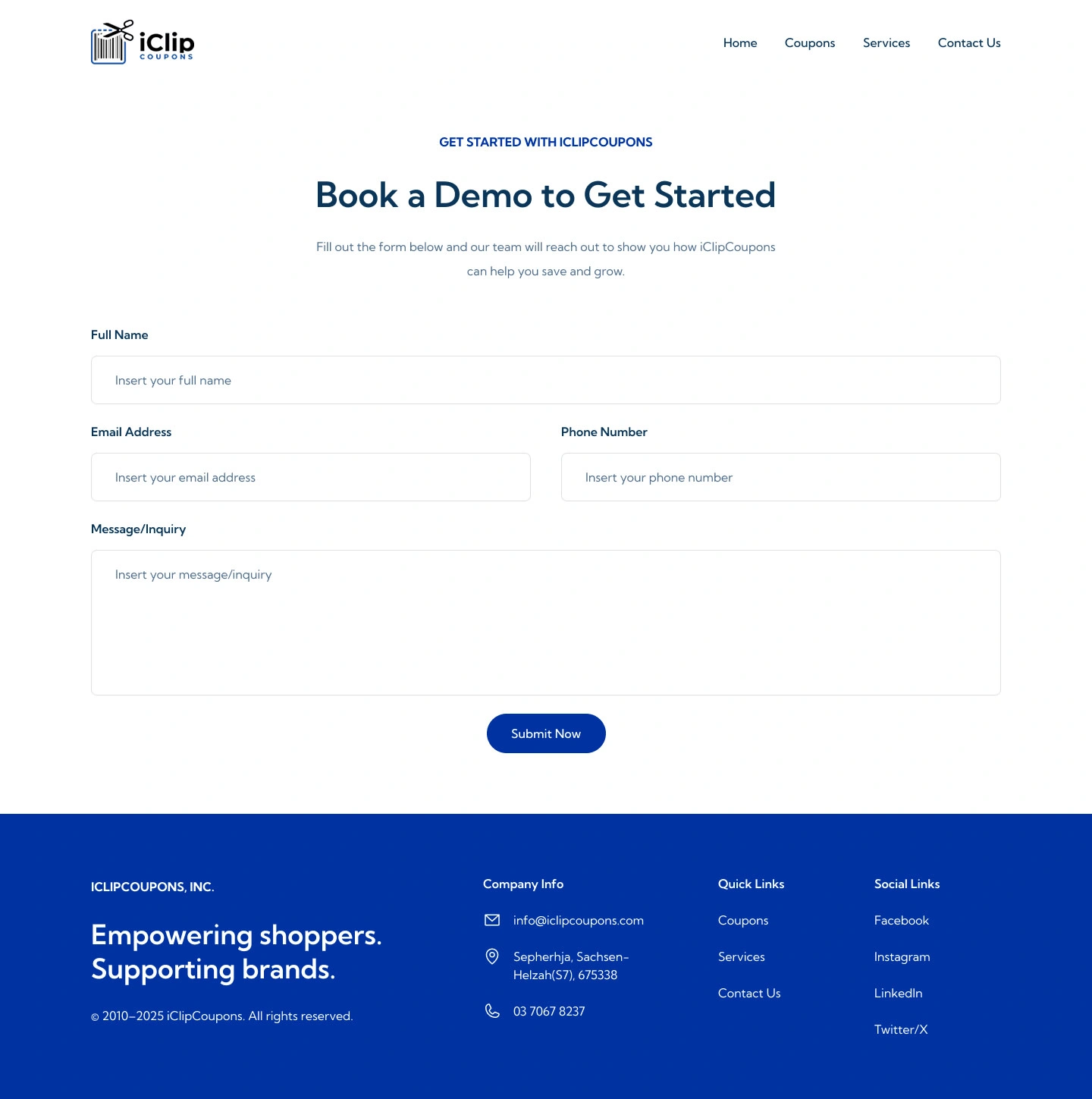 Contact/Demo Form & Footer