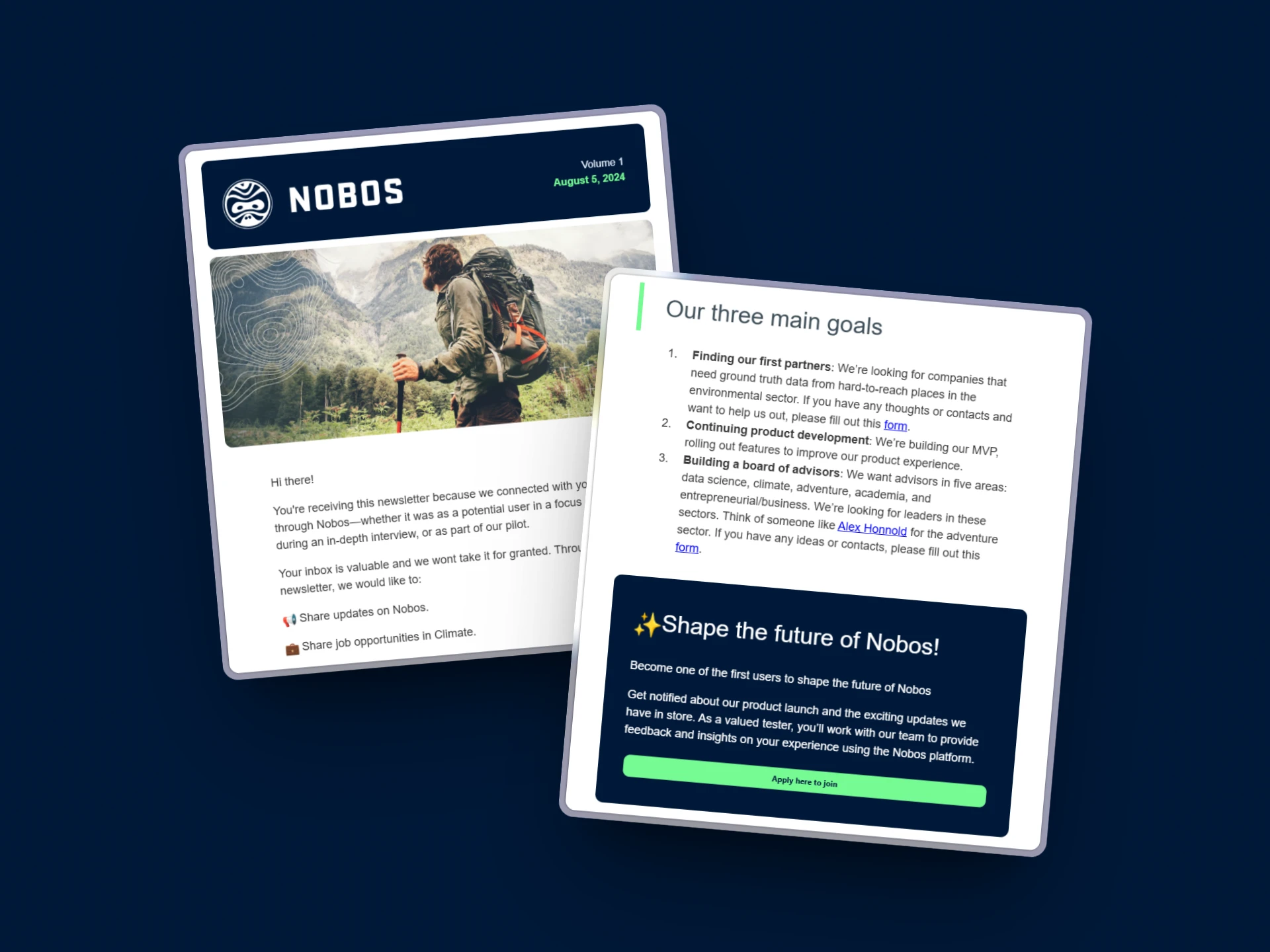 A small snippet of the Nobos newsletter designed in Kit.