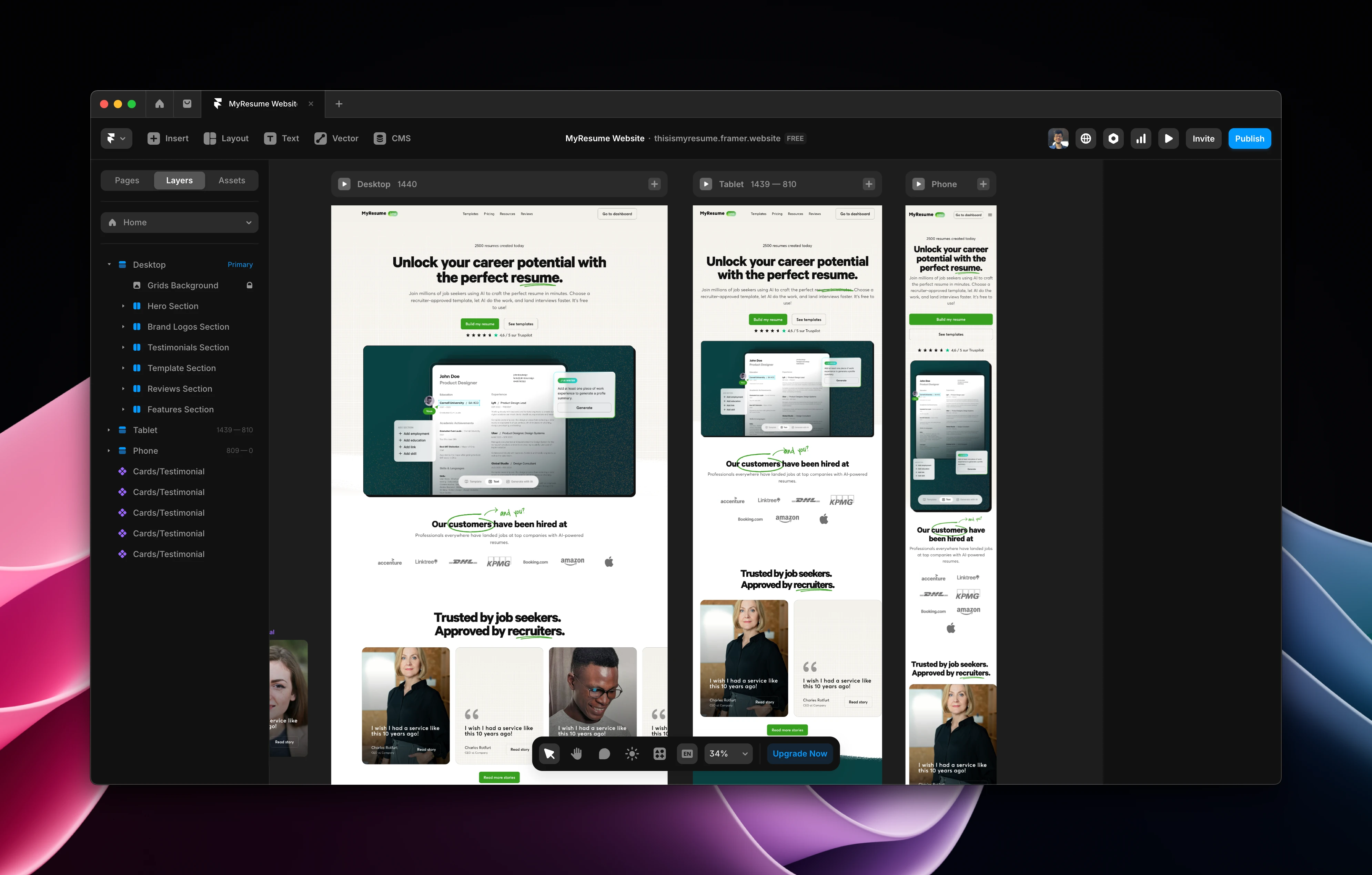 MyResume Website Project inside Framer.