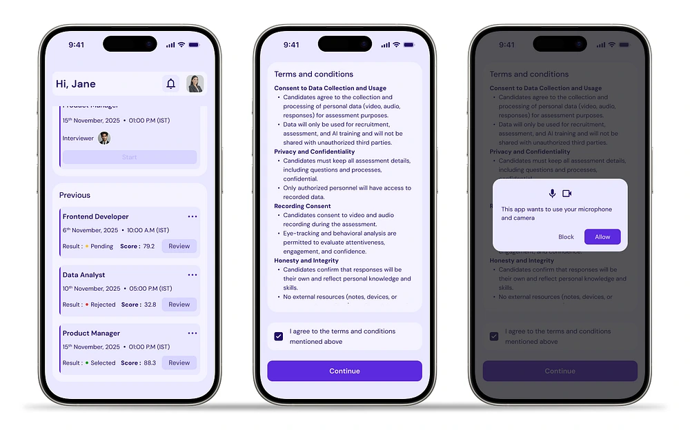 Security and trust were foundational. Candidates are transparently informed about recording, eye-tracking, and data use.