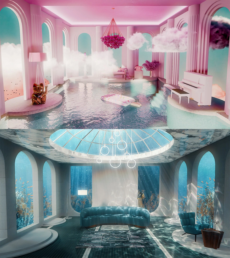 "Pink" Room and "Underwater" Room environments