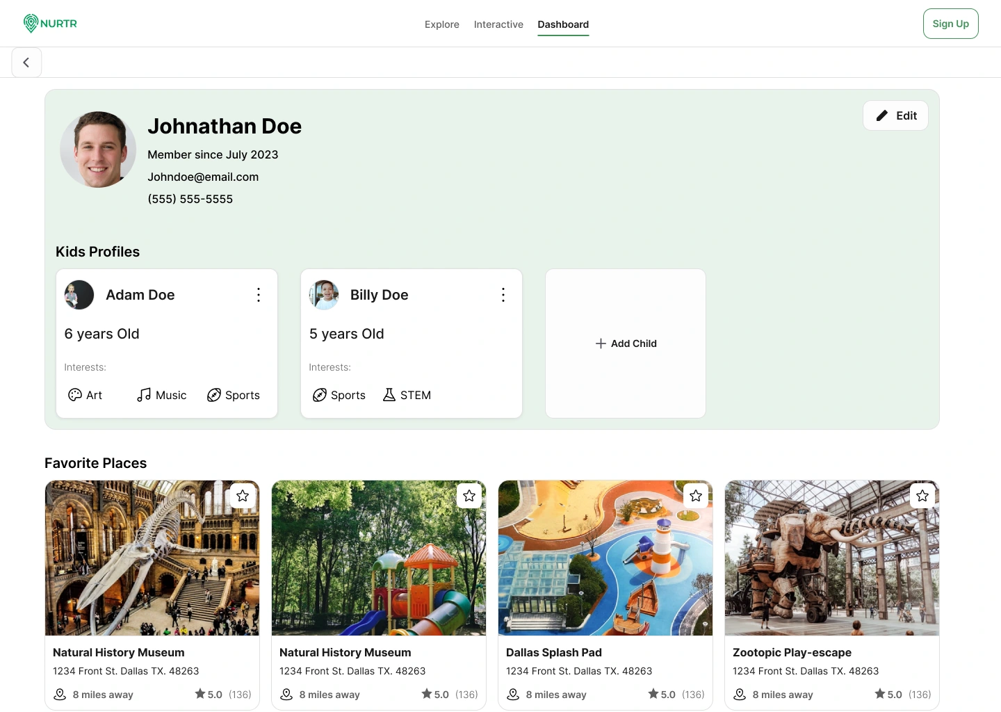 The dashboard section is a collection of favorites as well as kid profiles and interests.