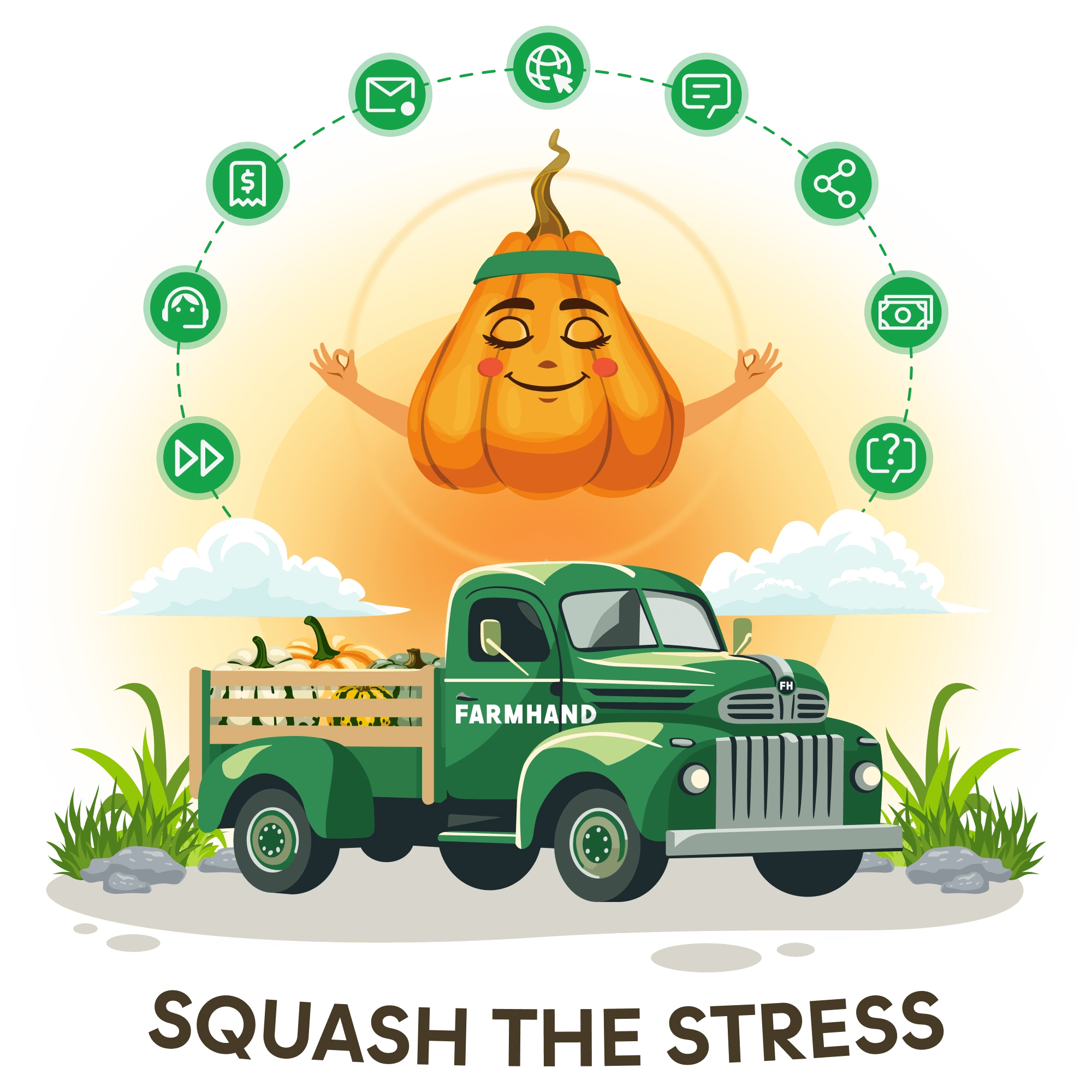 Print & apparel illustration for Farmhand's Squash the Stress campaign