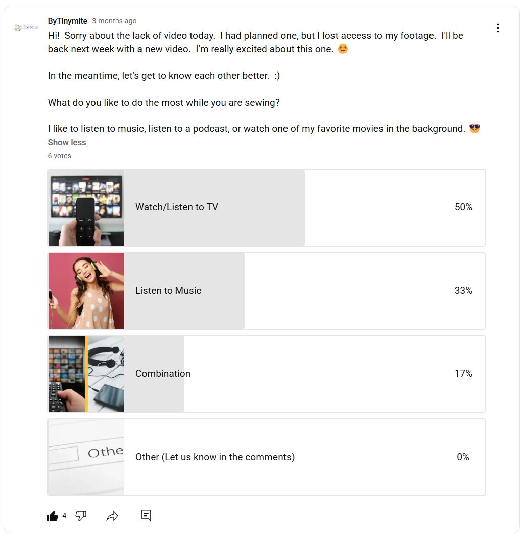 Community poll designed to keep engagement high even during a content gap - blending transparency with connection while gathering insight into audience habits. 