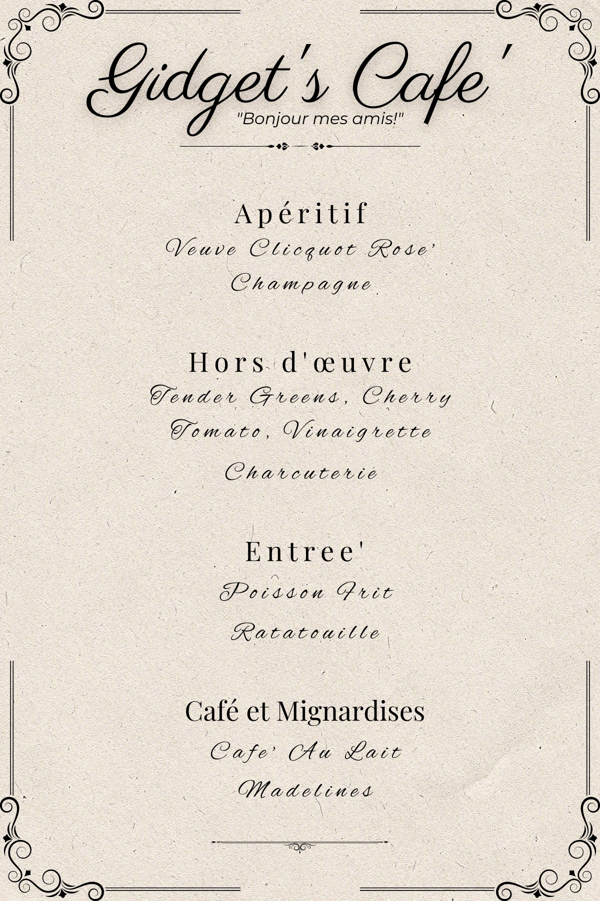 To add a touch of decorative flair, we placed a vintage Parisian-style menu at each table setting. It added the perfect café vibe, immersing everyone in the experience.