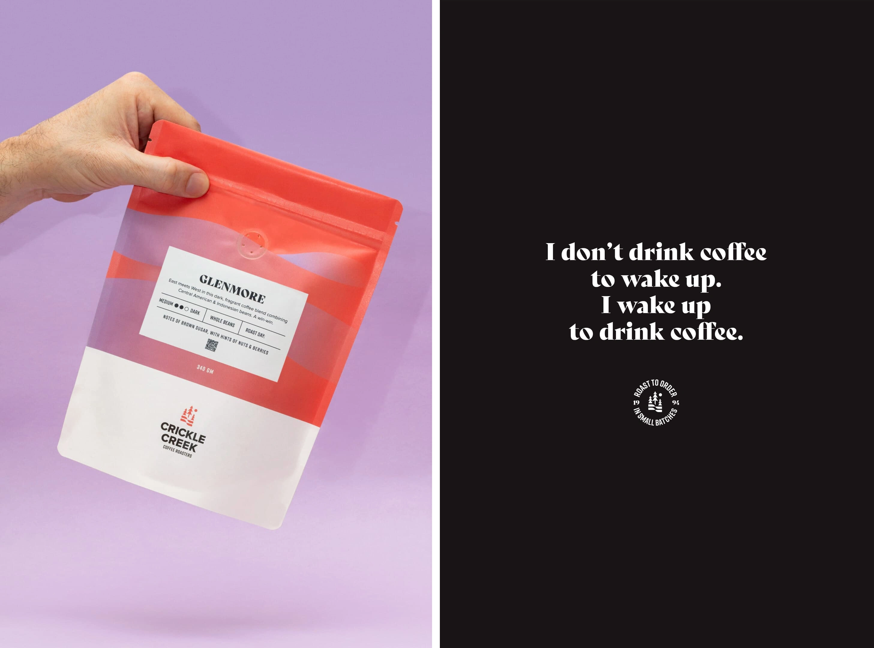 Packaging and campaign phrases for Crickle Creek, a coffee roasting brand in Calgary, Canada