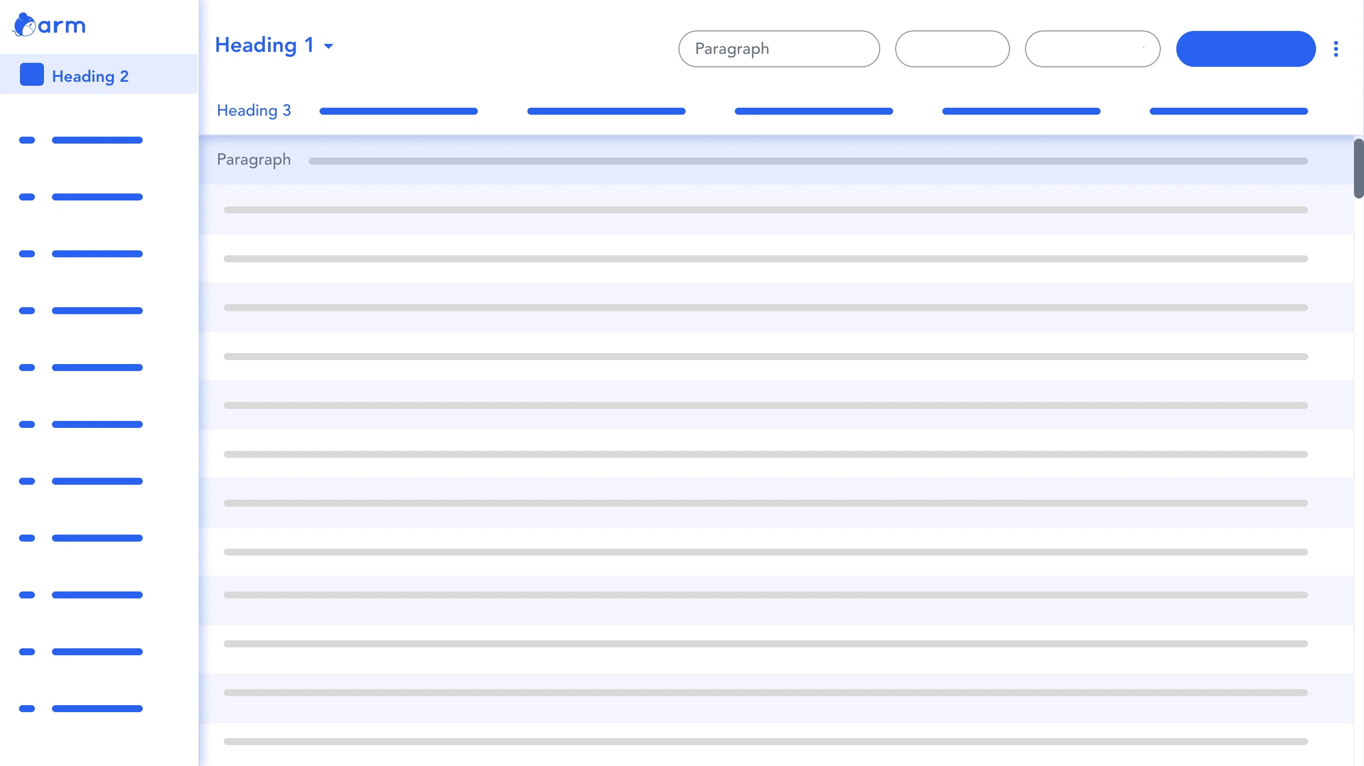 Heading and paragraph sizes are defined on the 2020 ARM software. Visual sections are broken down (shown in color) into the use cases of navigating and data searching. Created in 2022 Figma by Kimberly Ngo.