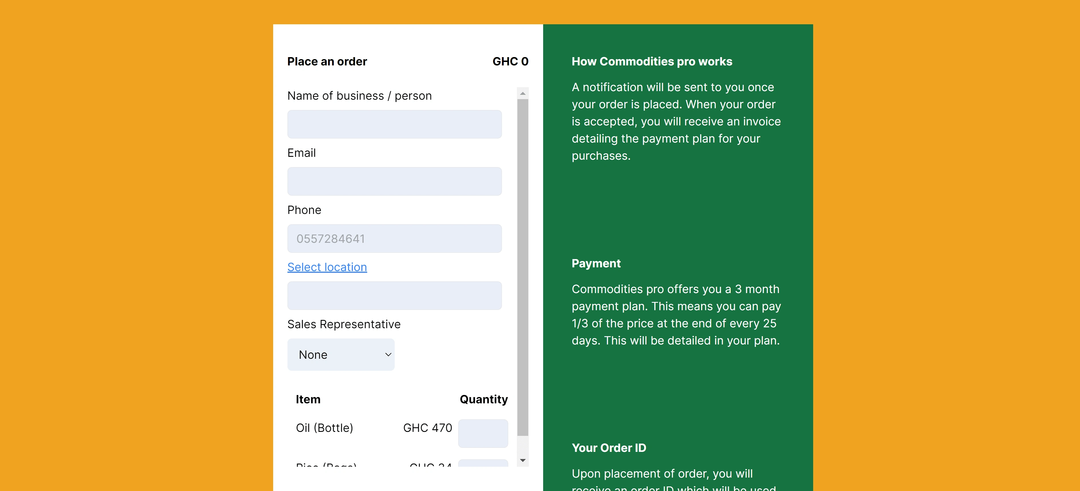 Place order page