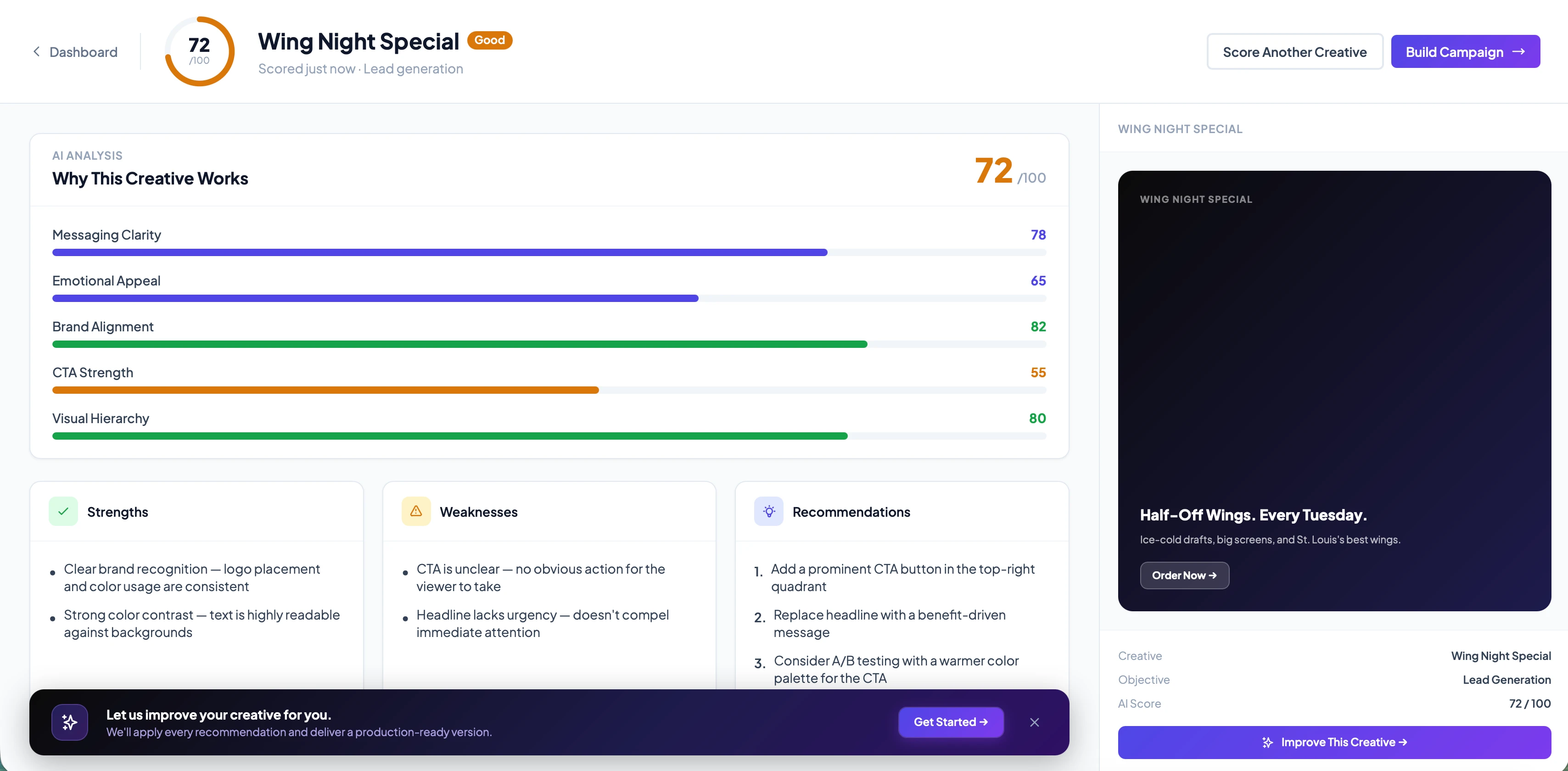 Pilot 1 — Creative Health Score: AI scores ad creative 0–100 before launch