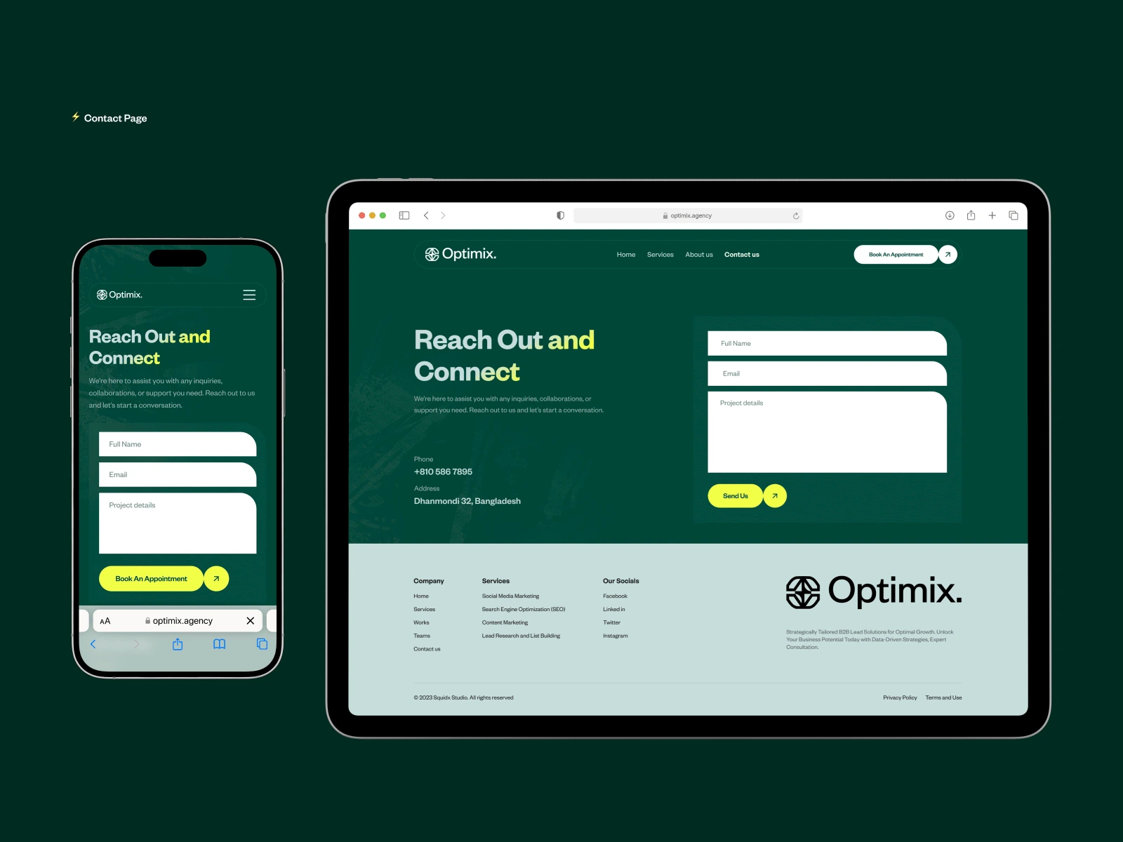 Contact page design for Optimix