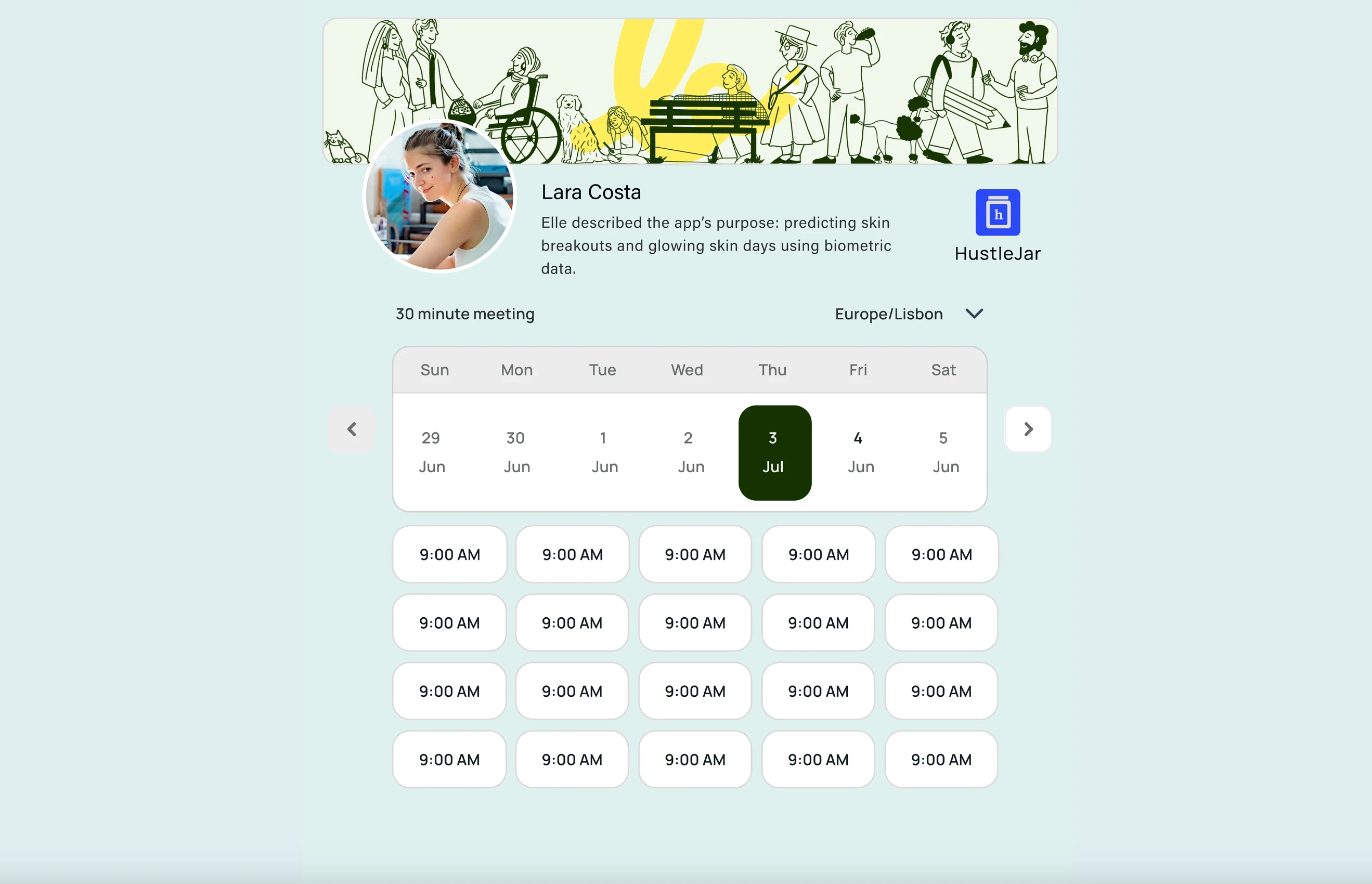 This
 is the final result of the setup process: a clean, professional, and 
fully branded booking page. I designed this to build trust and provide a
 seamless scheduling experience for my user’s clients.