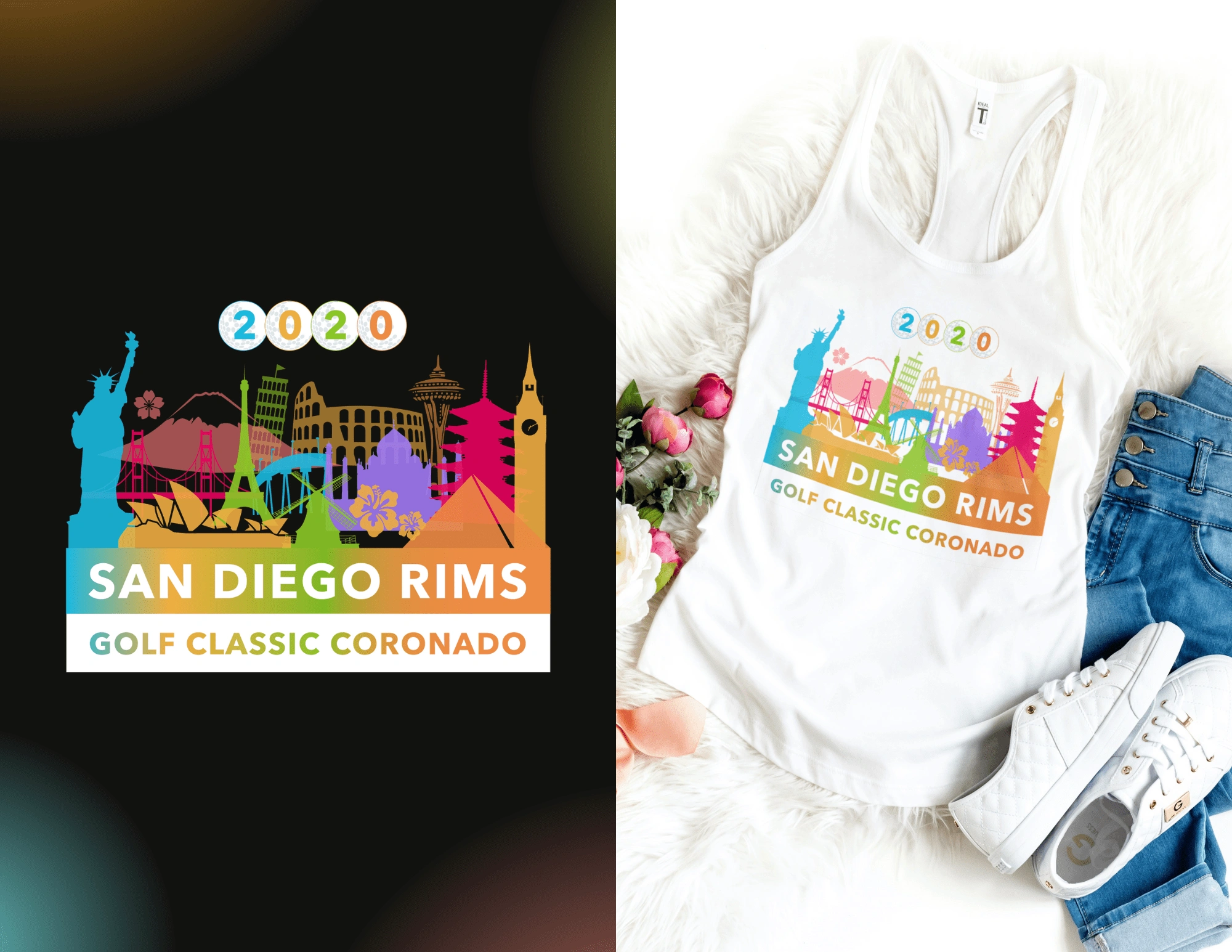 2020 San Diego RIMS event logo was created by Kimberly Ngo. San Diego RIMS is a risk management organization. The theme for the golf event was around the world.