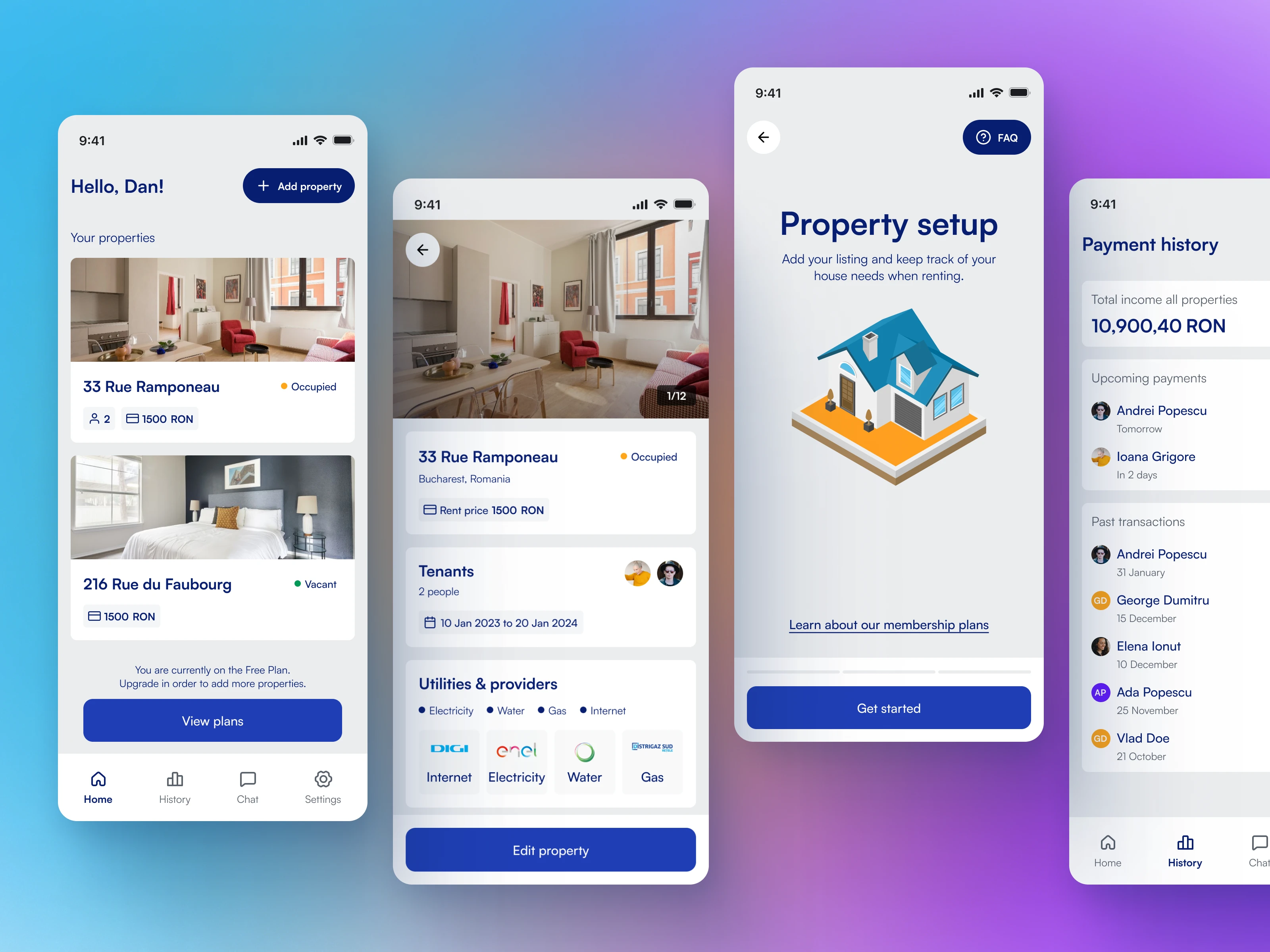 The main screens of managing properties & setting them up