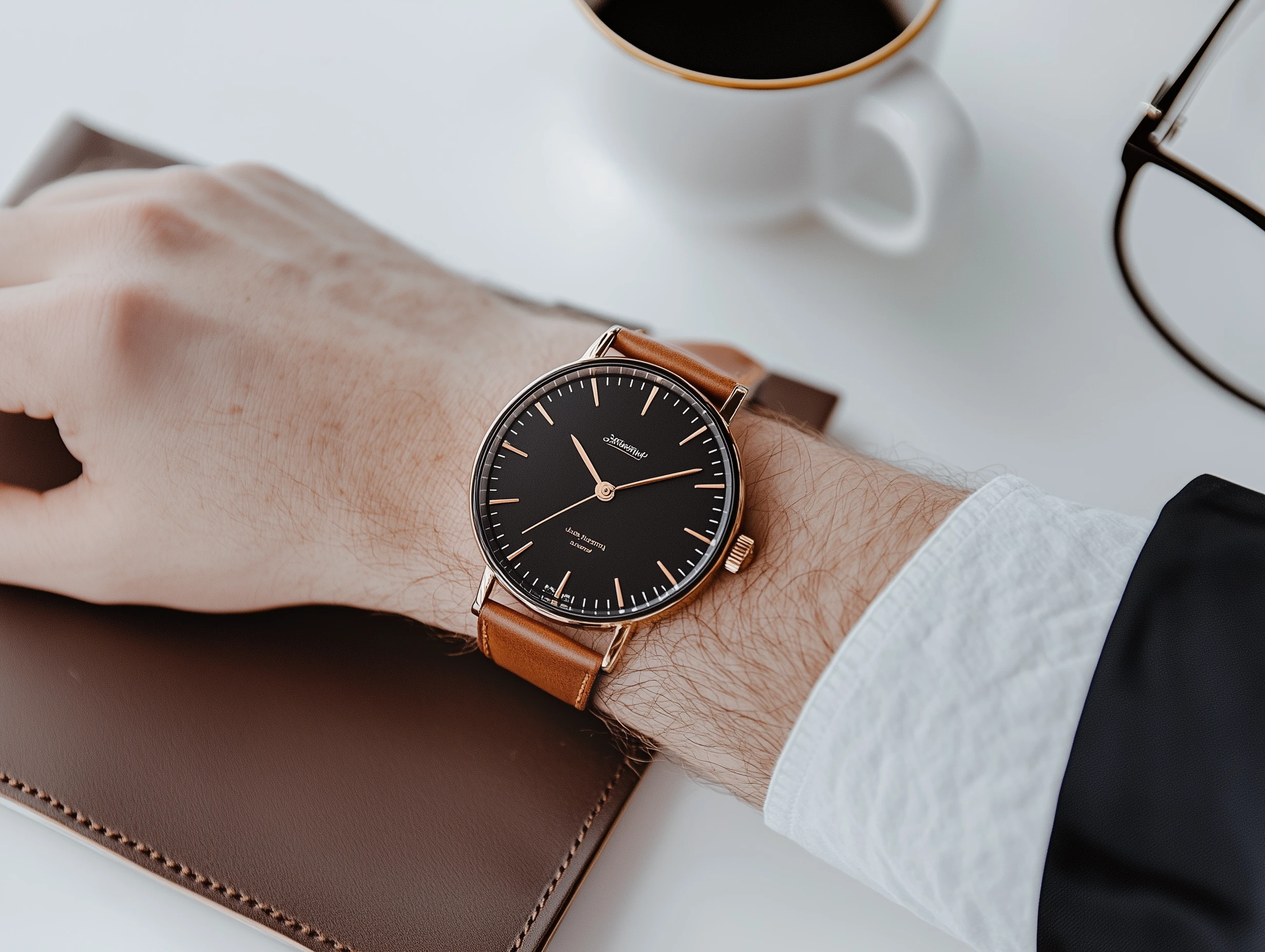 Handcrafted leather-strap watch being worn while writing in leather journal. Subject engaged in thoughtful moment showing timekeeping tradition. Old Study color palette with rich browns, aged paper, and brass accents. Professional lifestyle photography with heritage storytelling and craftsman-inspired composition. Negative prompt: modern technology, digital screens, bright colors, contemporary setting, plastic materials, trendy fashion, synthetic fabrics, minimalist environment