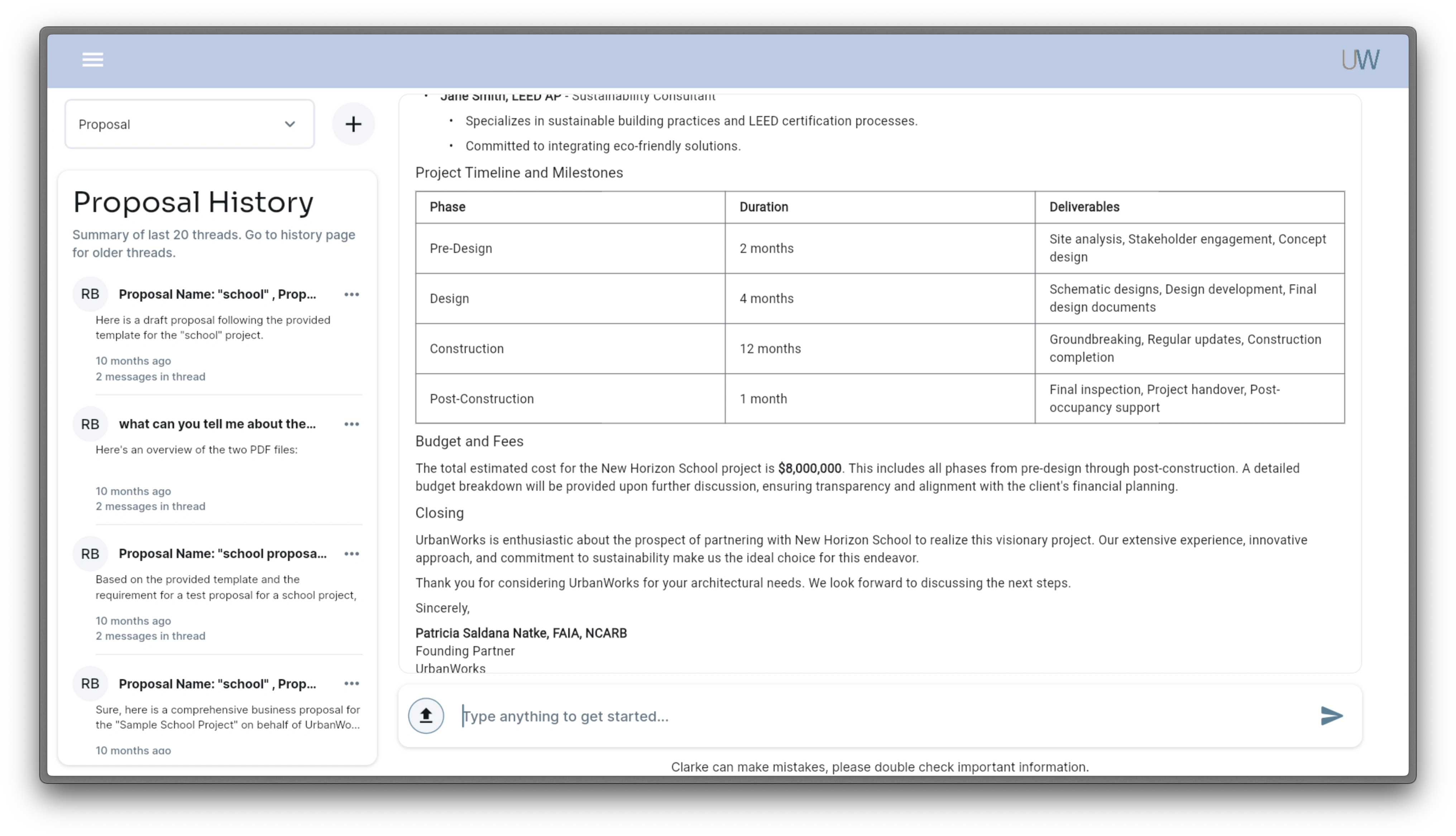Proposal generator to craft / export proposals using RAG to pull from company's past projects, staff database, etc.