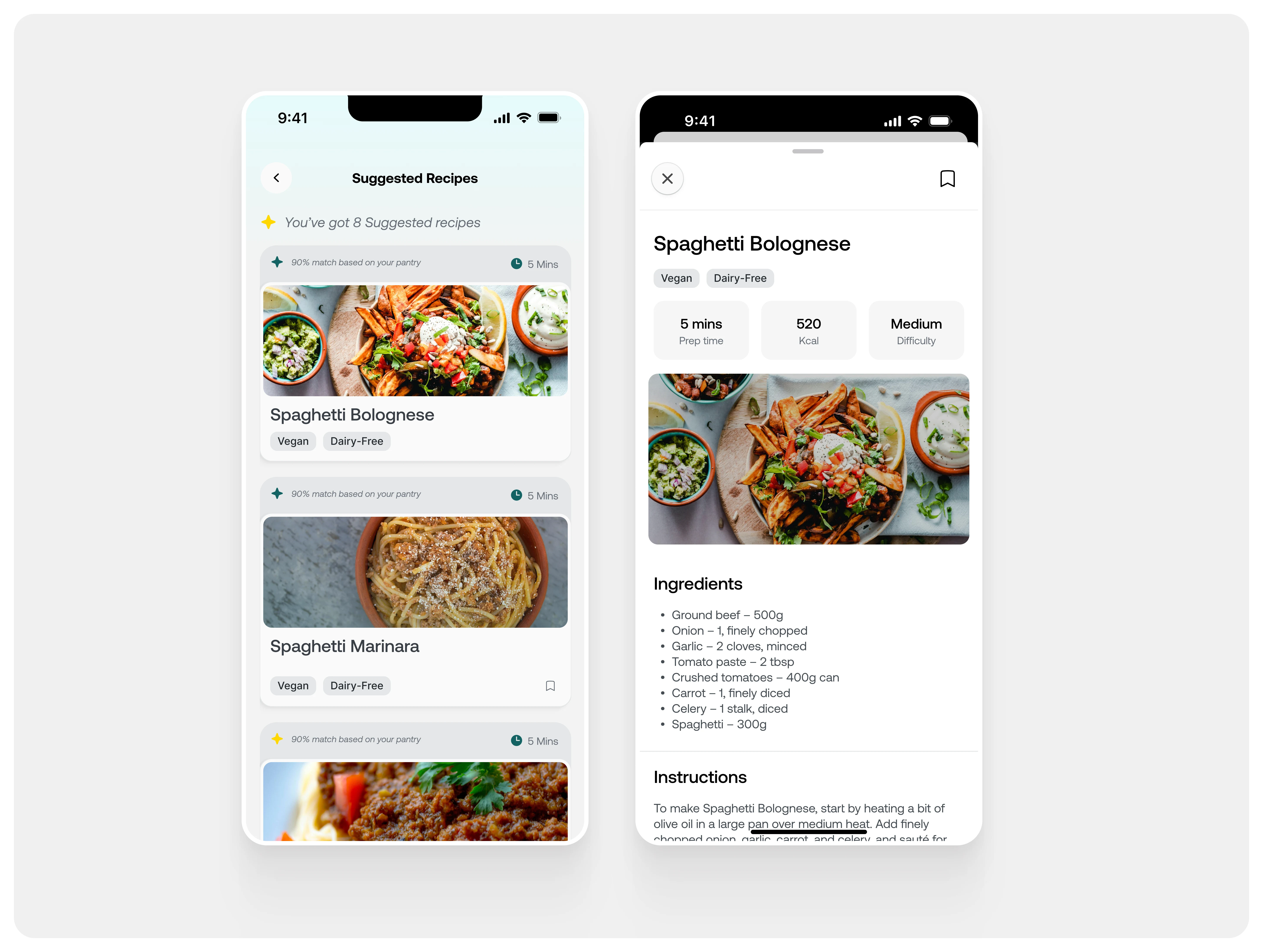 AI Suggestions and recipe view
