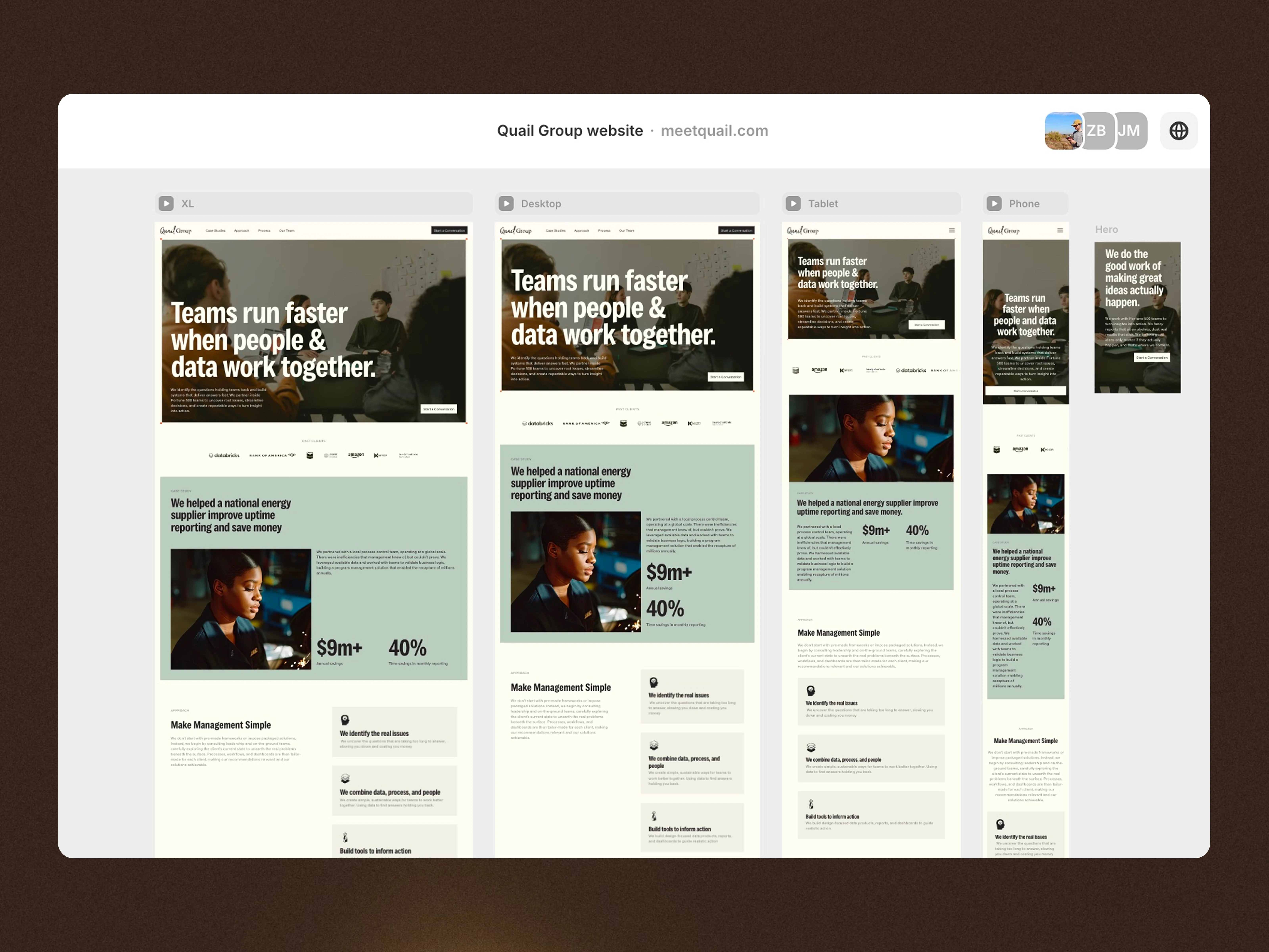 Responsive layouts built in Framer, from extra large desktops down to the narrowest mobile views