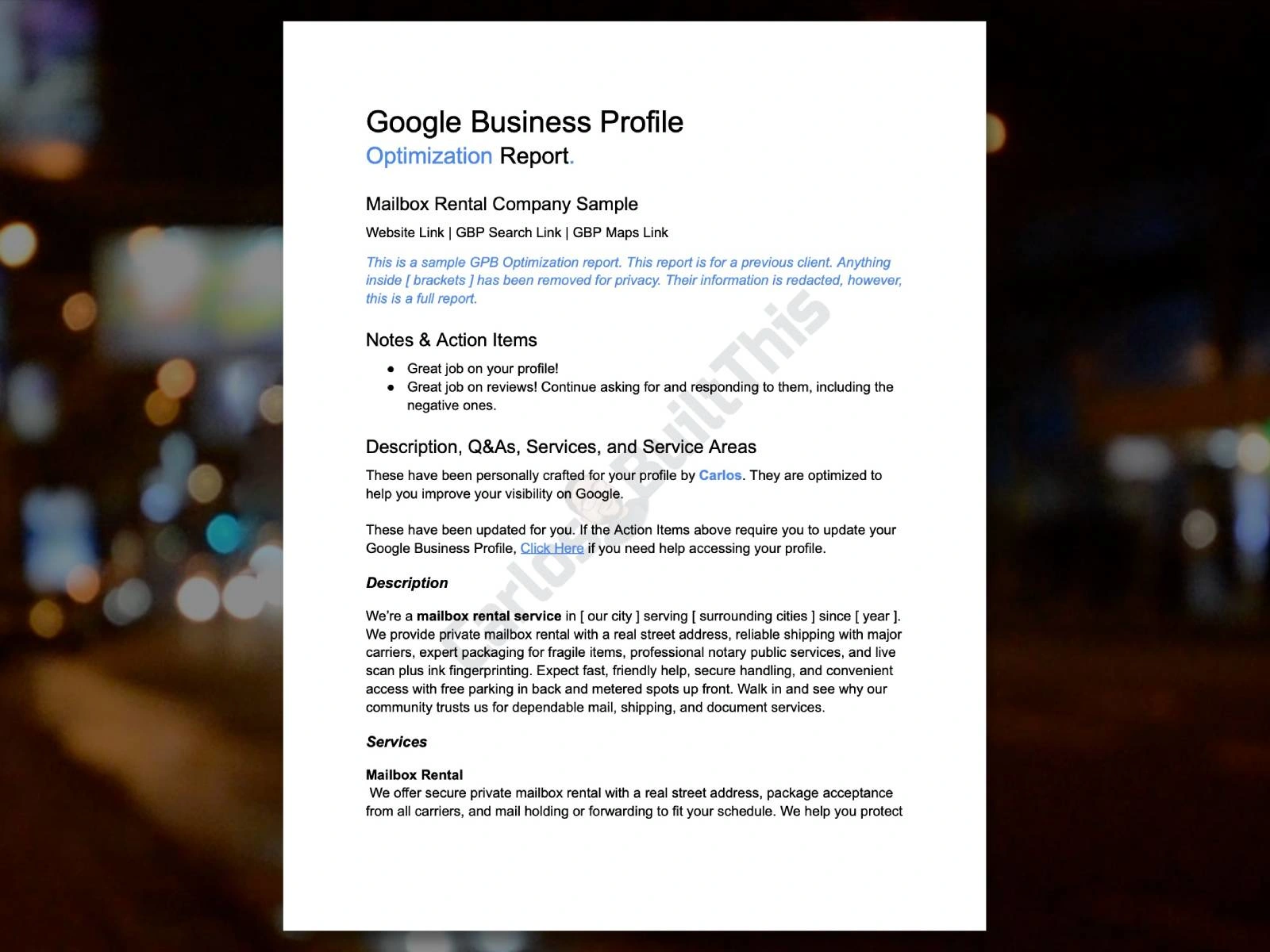 Page 1 of a GBP Optimization Report.