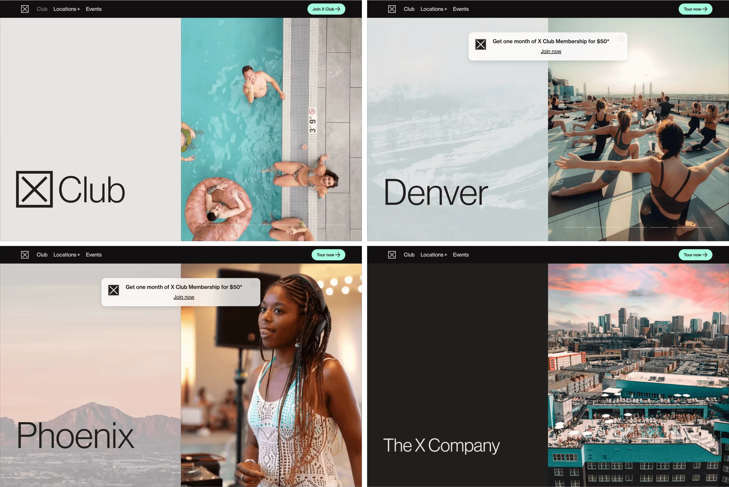 A repeatable hero system alternating bold messaging with immersive media.