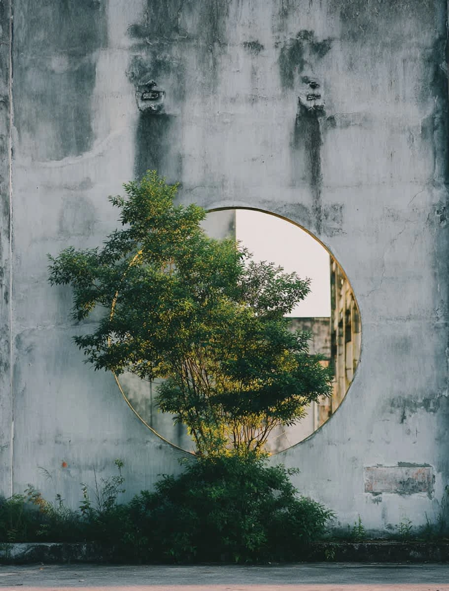 tree through round window in grungy abandoned location