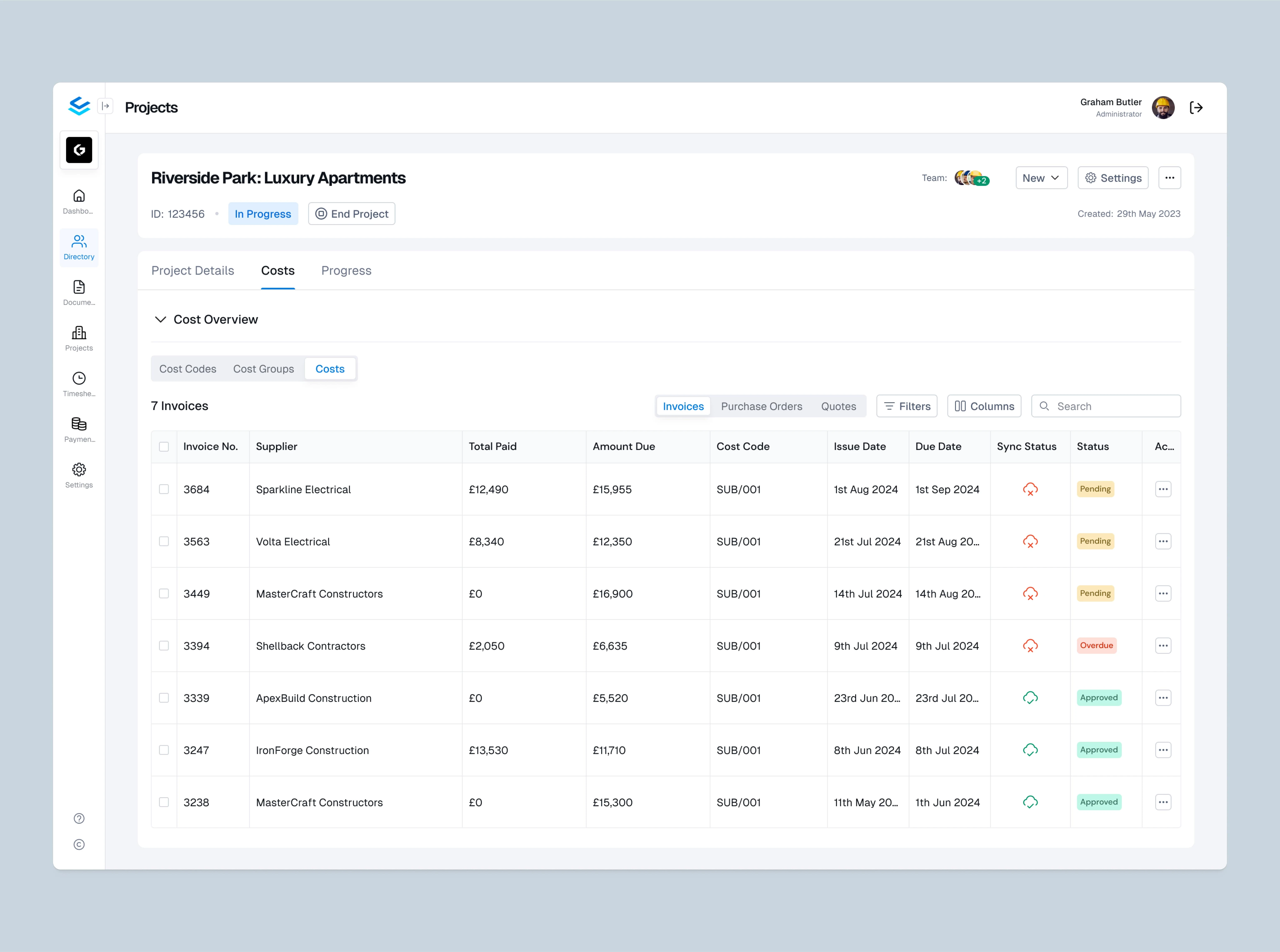 Cost Reports Dashboard showing Costs/Invoices table (with the Overview section collapsed)