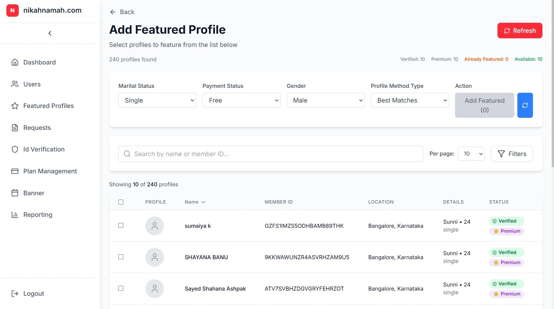 Add Featured Profile: “Search and filter verified profiles by marital status, payment tier, gender and match criteria to curate featured members.”