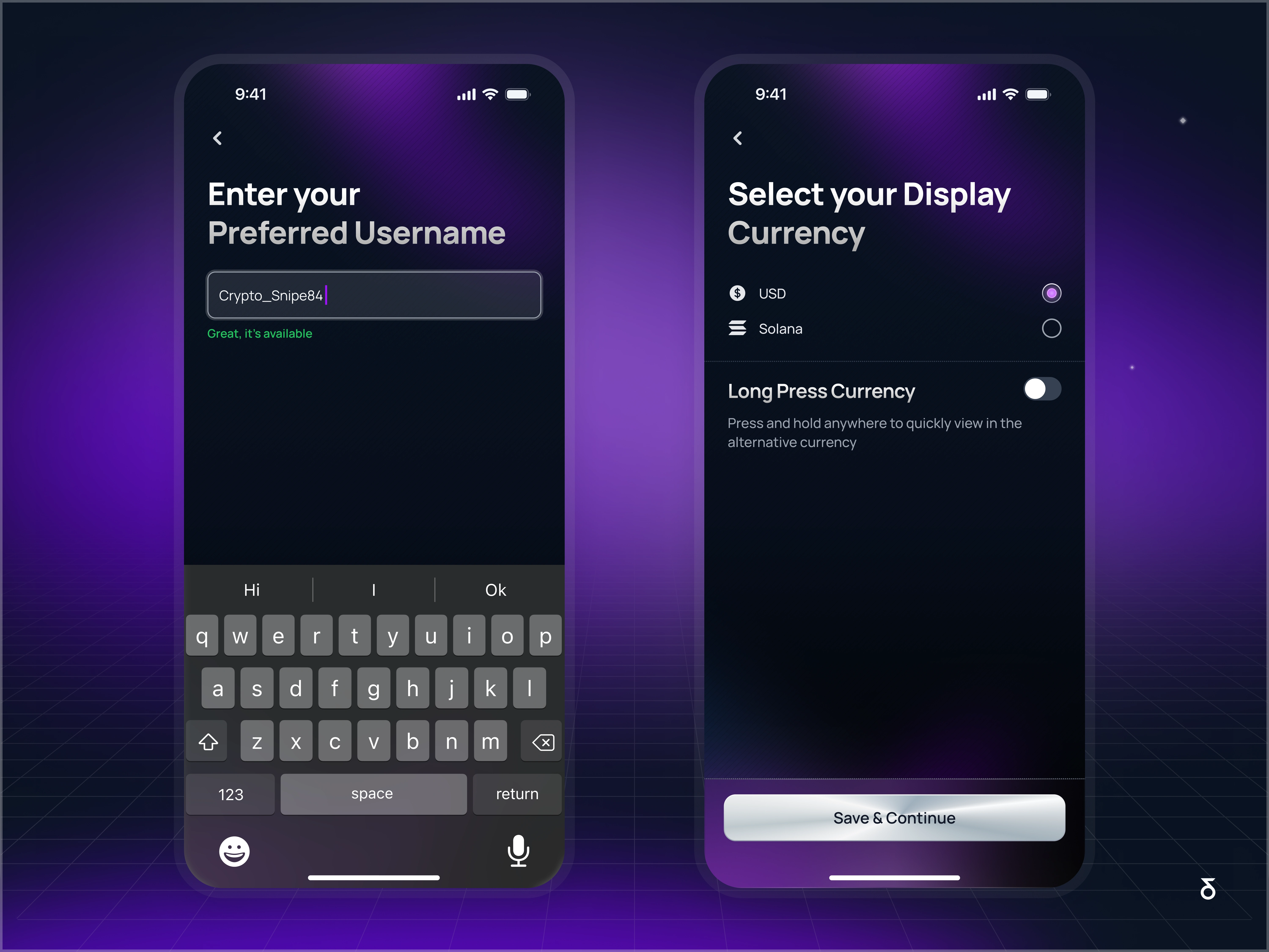 LEFT: Success message under inputs provide RIGHT: Select your Currency with 'Long Press' feature