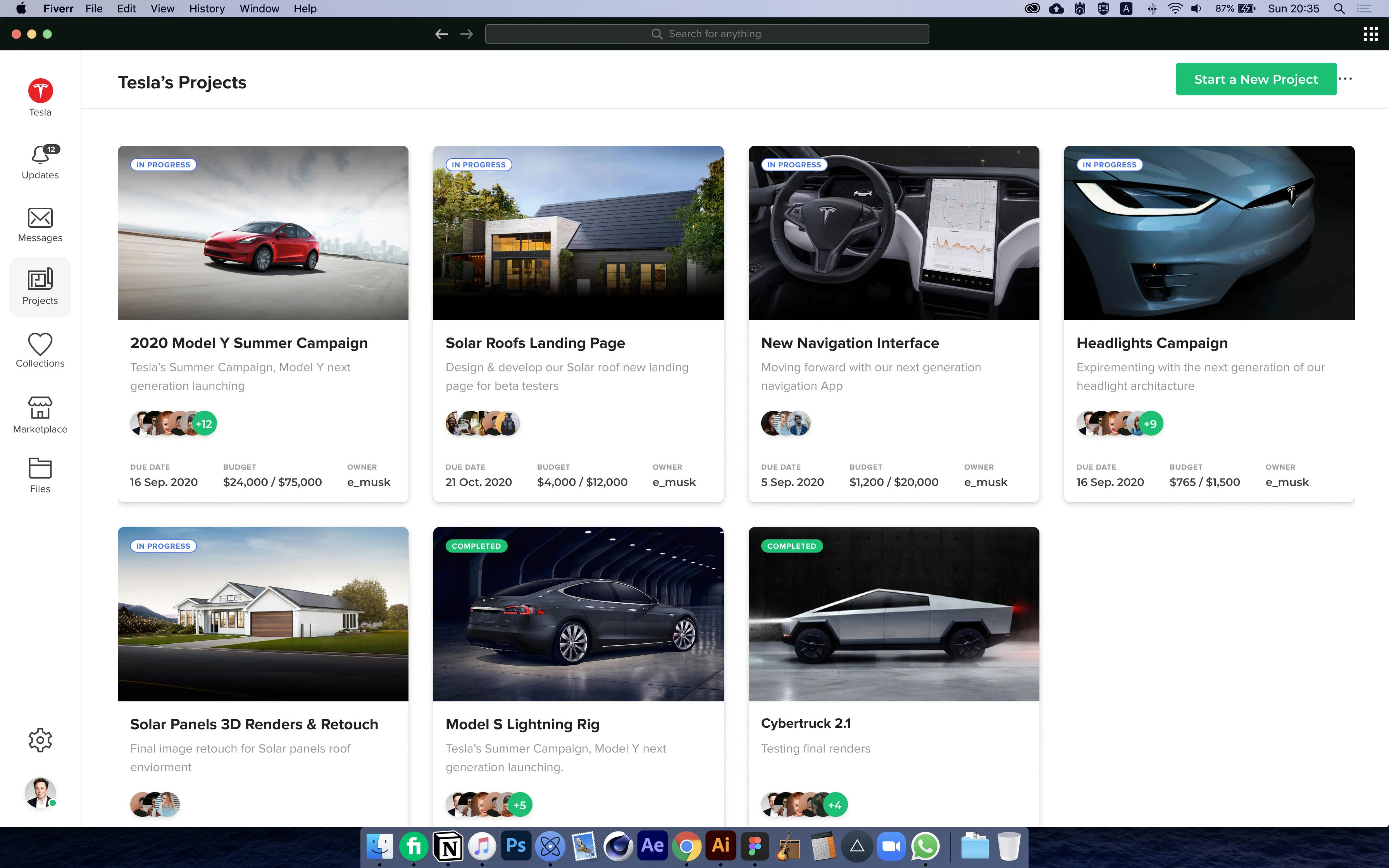Active and completed projects screen