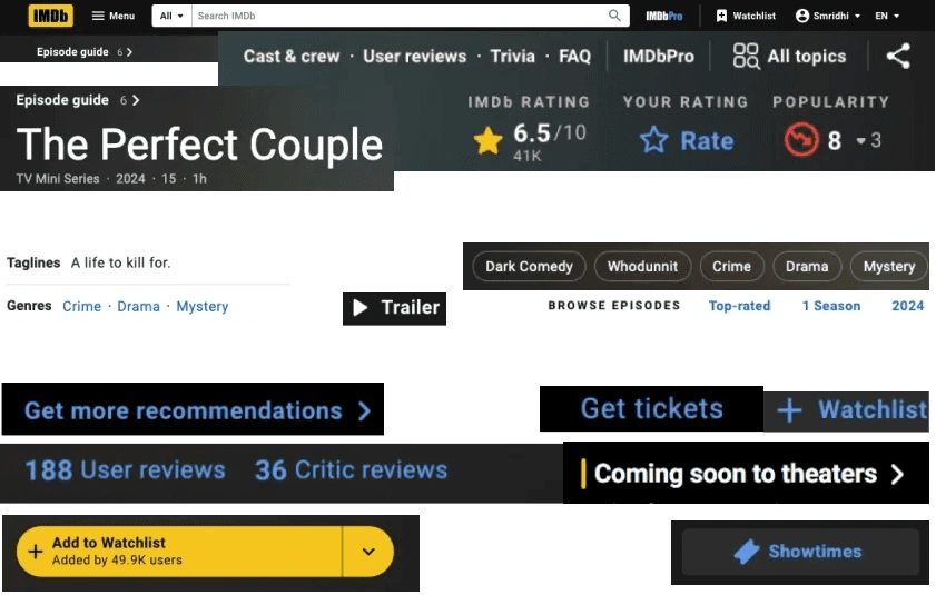 A plethora of different buttons on the IMDb webpage