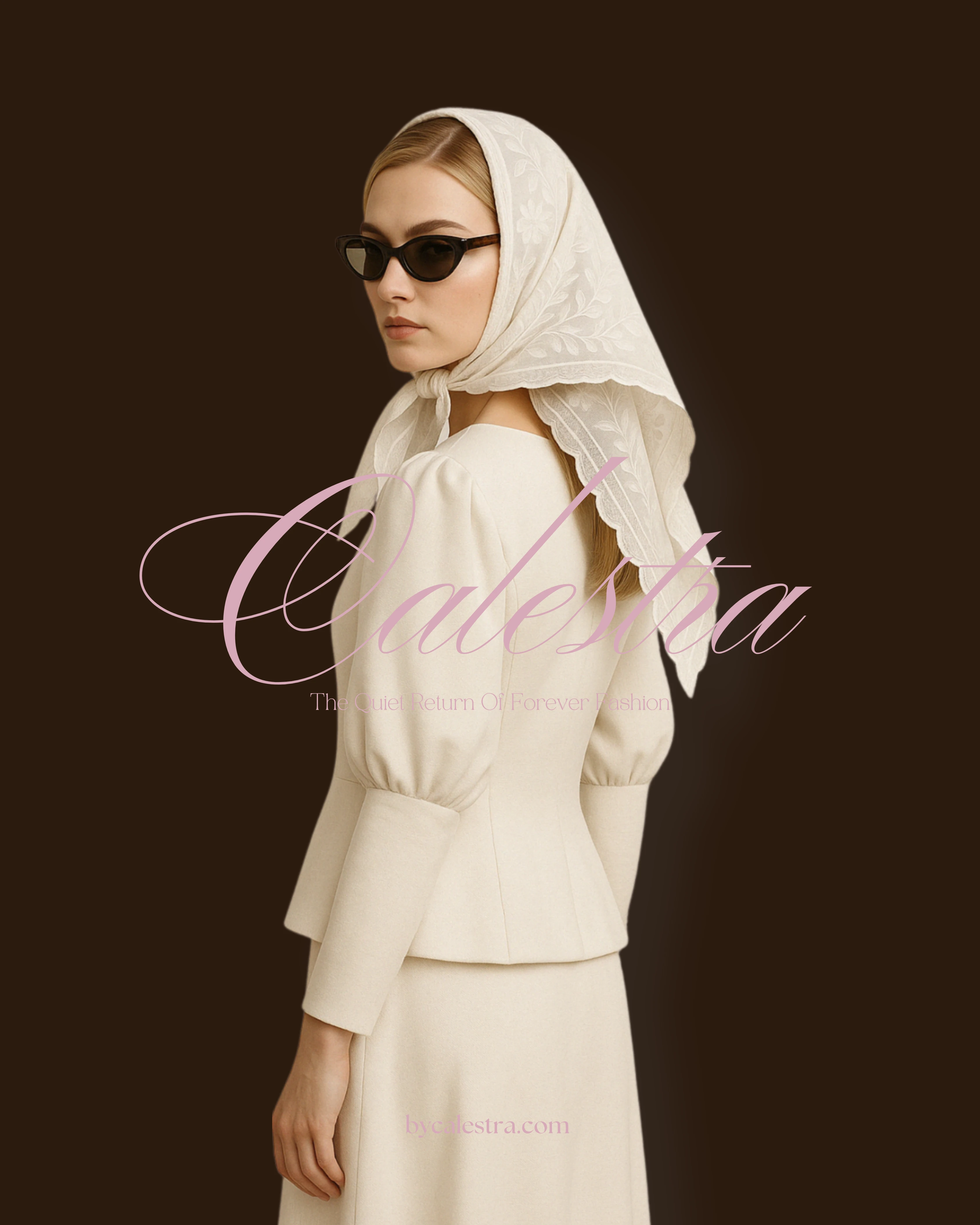 Calestra’s core visual identity: a quiet, modern romanticism rooted in European elegance and strength. This muse portrait introduces the brand world and signature piece, styled as a symbol of timeless femininity.