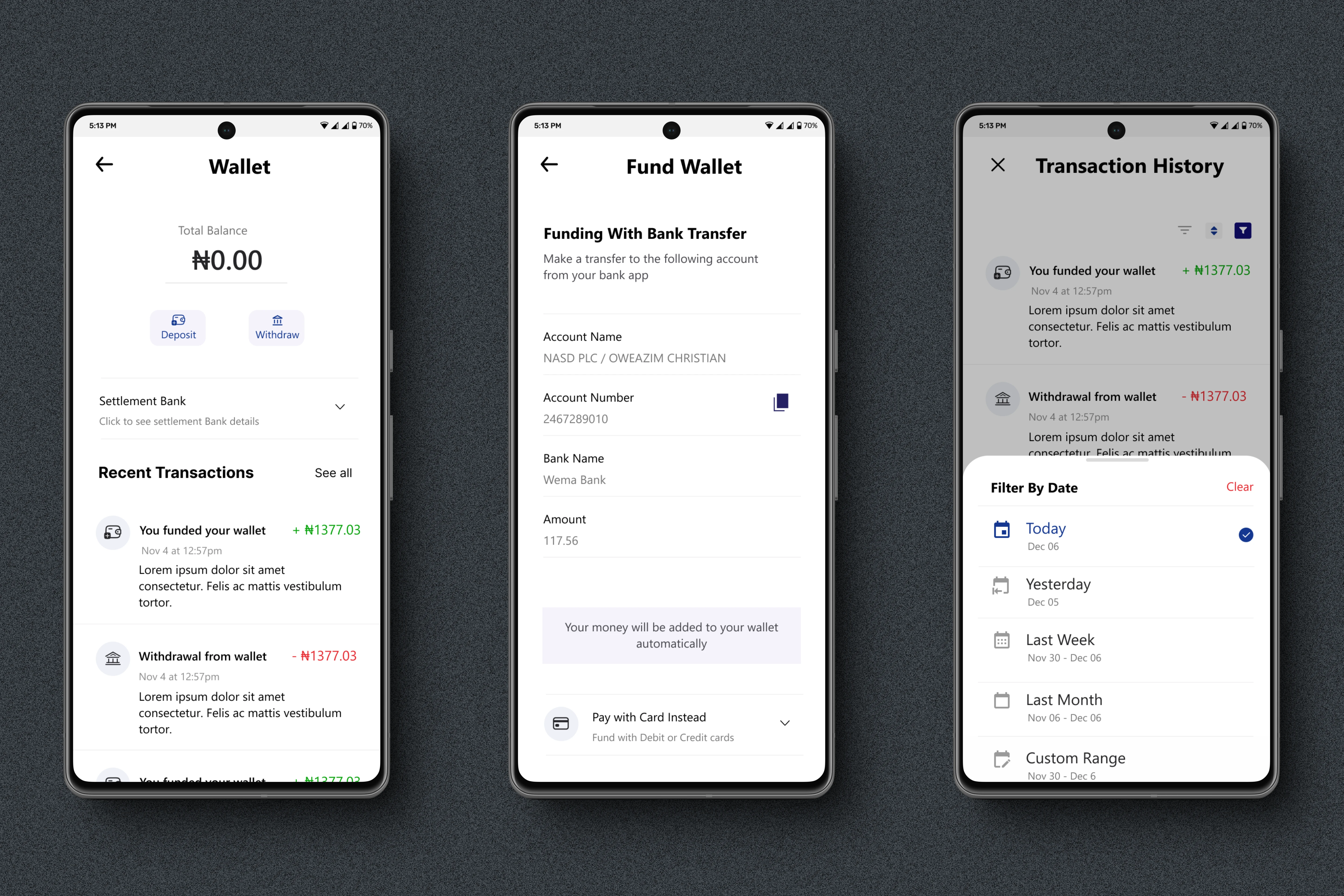Wallet balance & Funding screens