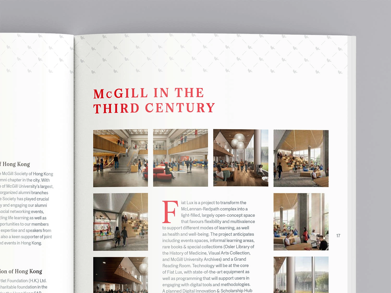 Interior Spread – Future Campus Vision – Visual grid paired with introductory text and a subtle crest pattern header for continuity.