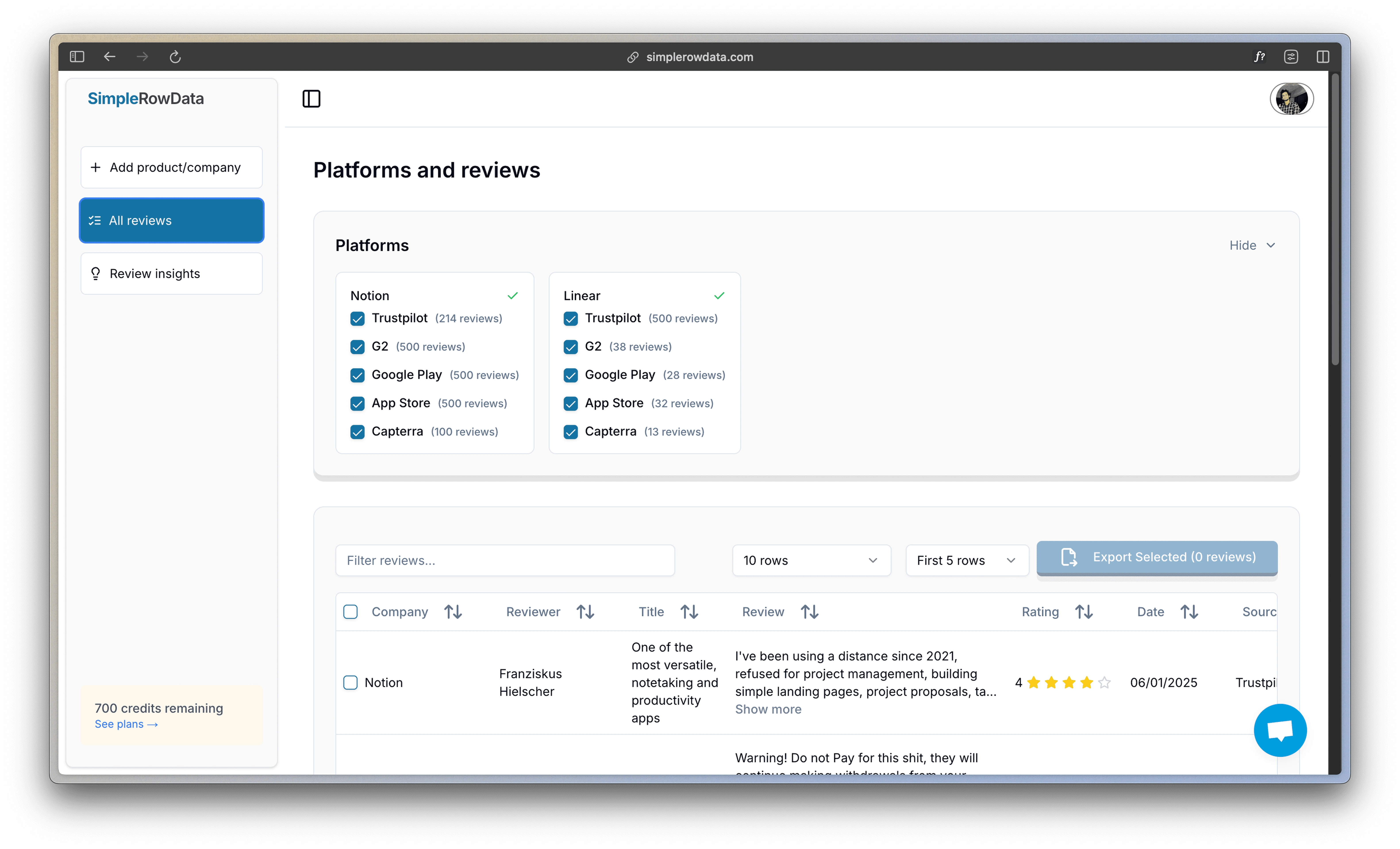 Once your product is added, instantly fetch real customer feedback from supported platforms.
Designed the dashboard to surface the "Fetch Reviews" action clearly without overwhelming the user