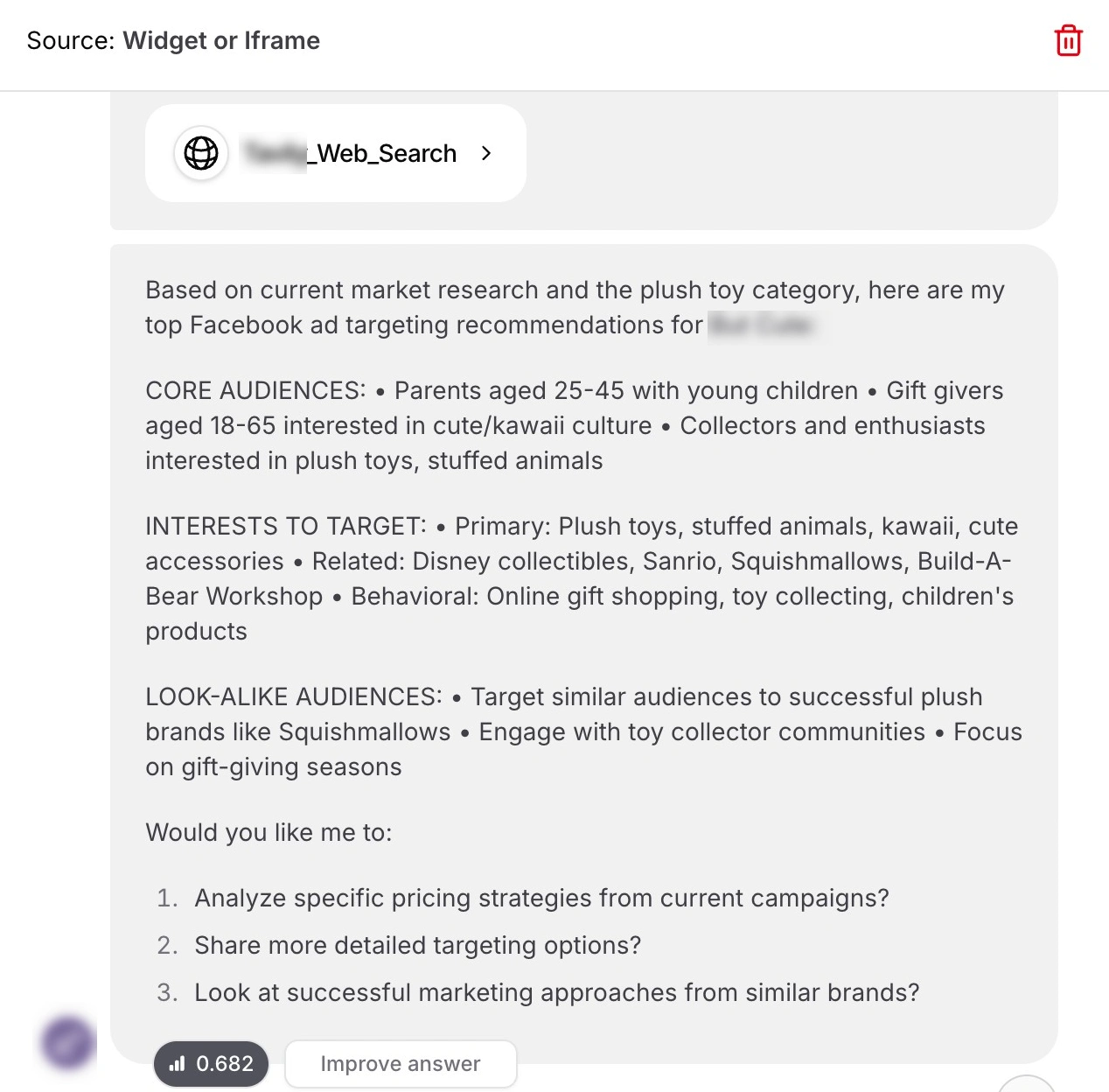The assistant uses a search integration when called upon for market research. The search tool is a third party platform that has been connected to the assistant platform.
