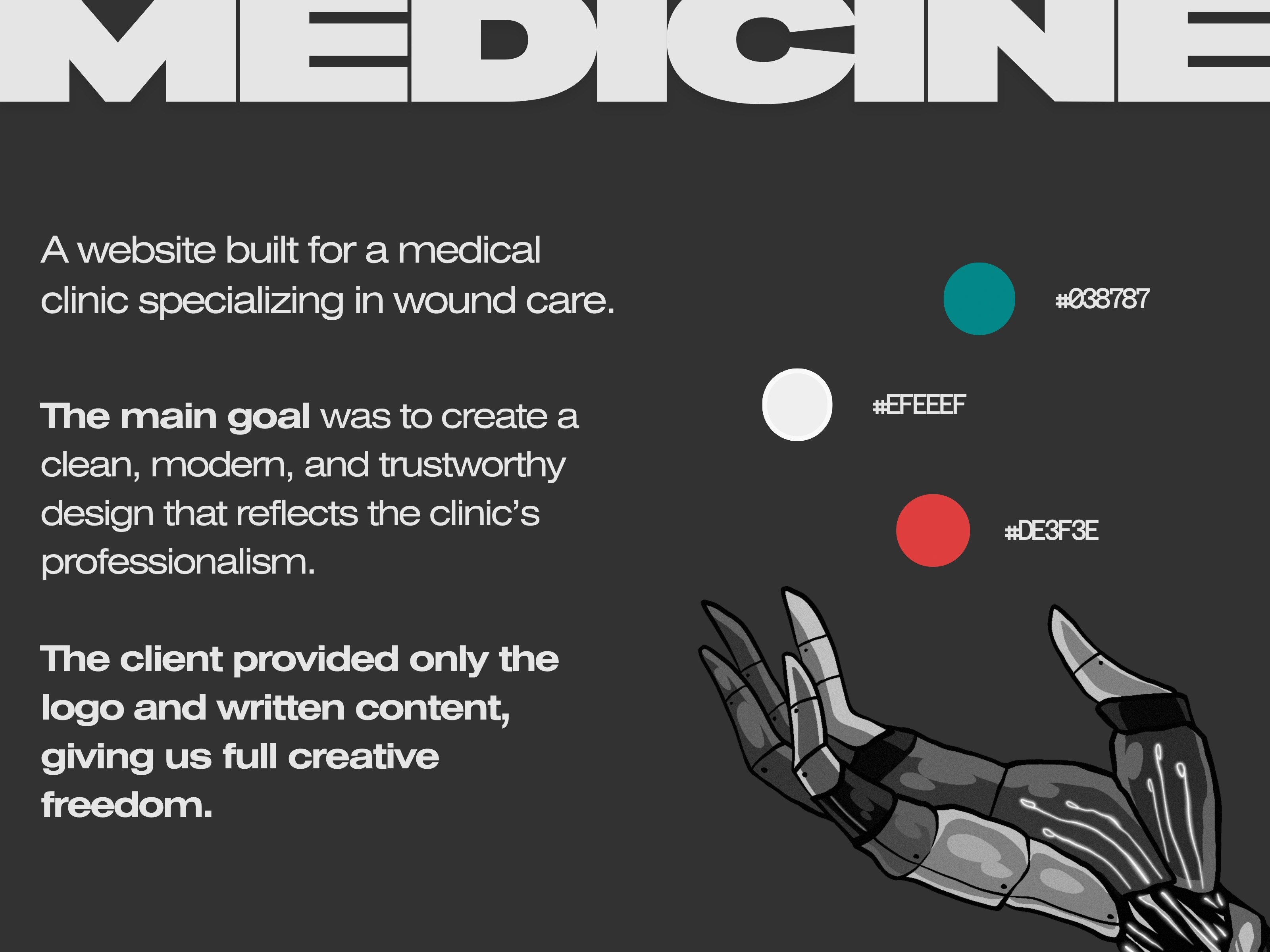 The main goal was to create a clean, modern, and trustworthy design that reflects the clinic’s professionalism. 

The client provided only the logo and written content, giving us full creative freedom.