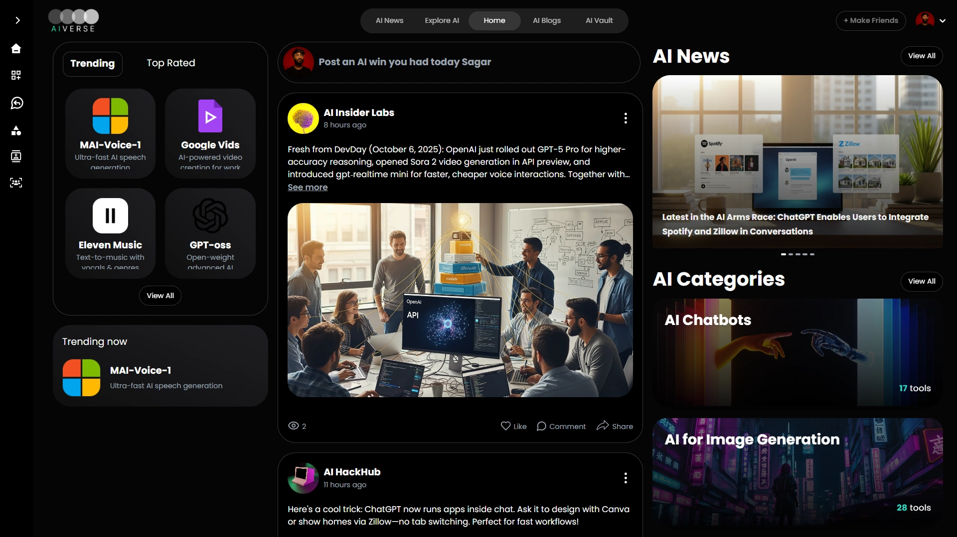 The AiVerse home feed where AI professionals discover trending tools, connect with creators, and engage through a real-time community interface.