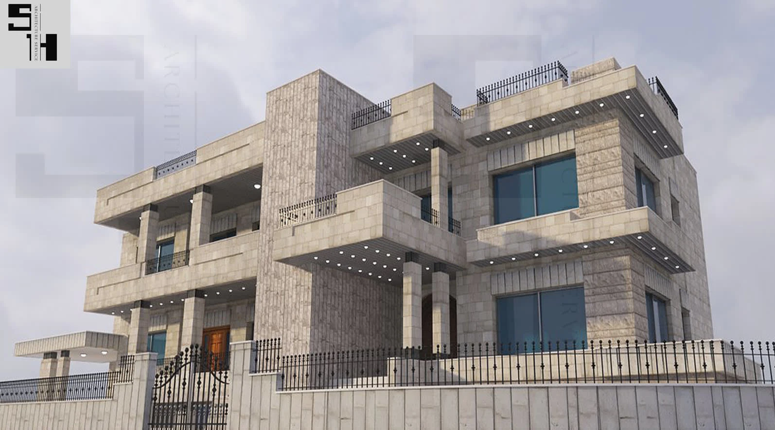 The exterior shot for Villa is to expose the selection of stone types, cladding, balustrade, and spotlights distribution.