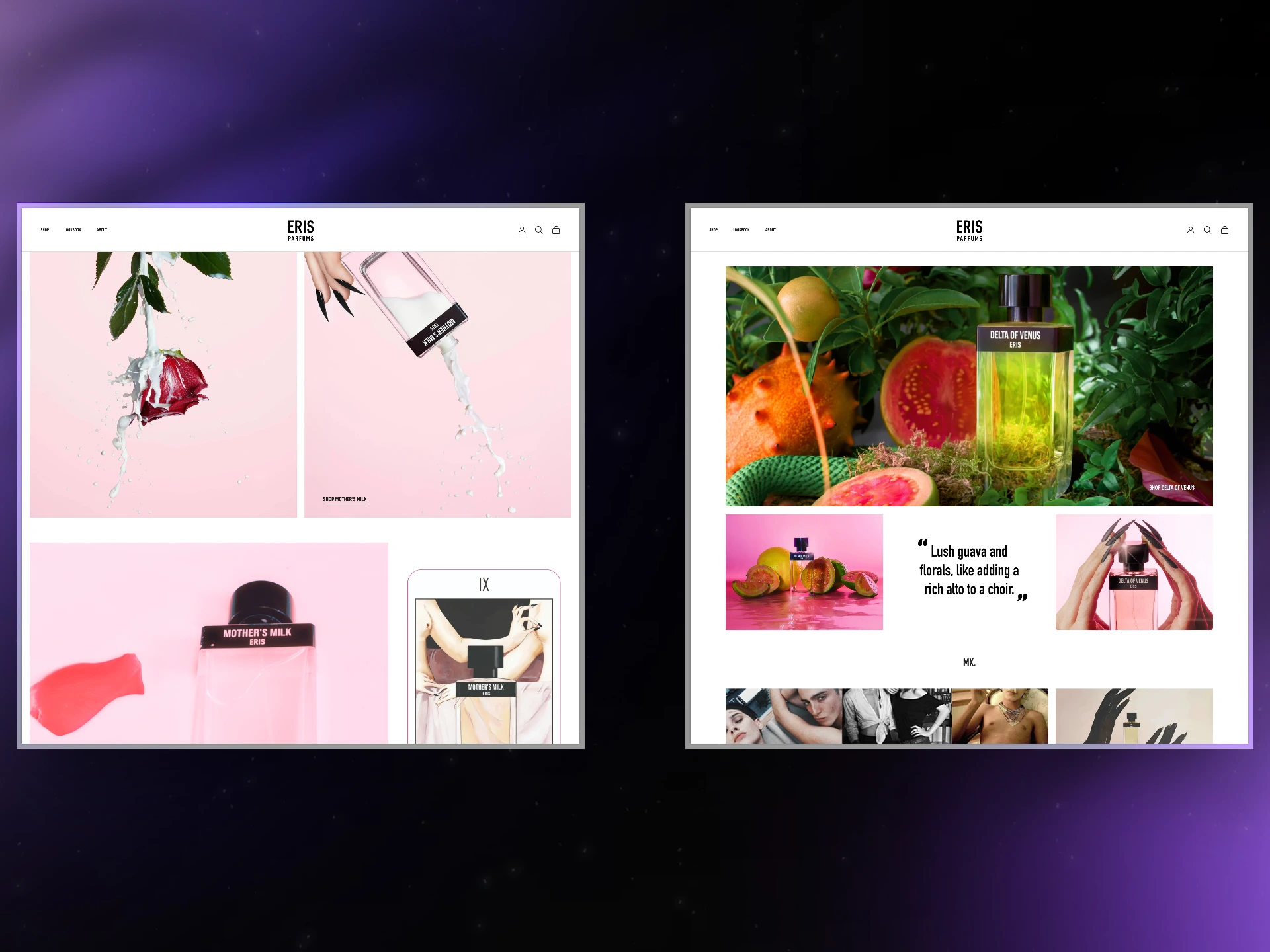 ERIS Parfums shoppable lookbook showing Mother's Milk and Delta of Venus