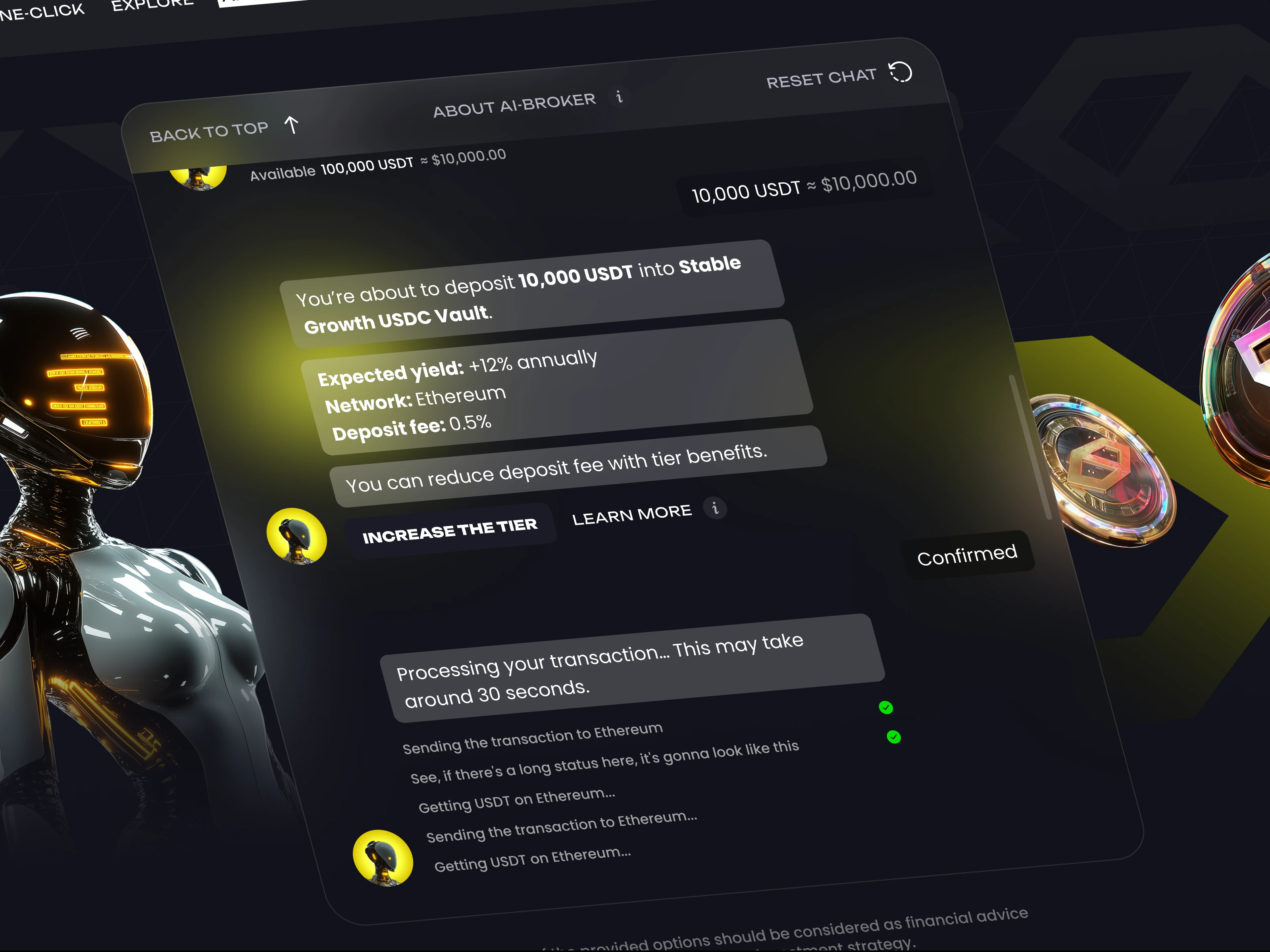 Cybro's AI-Broker uses a conversational interface with a friendly robot guide to make AI-powered investment optimization accessible and transparent for users.