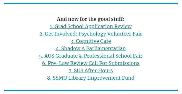 A Table of Contents with anchor links to events and opportunities features in the listserv.