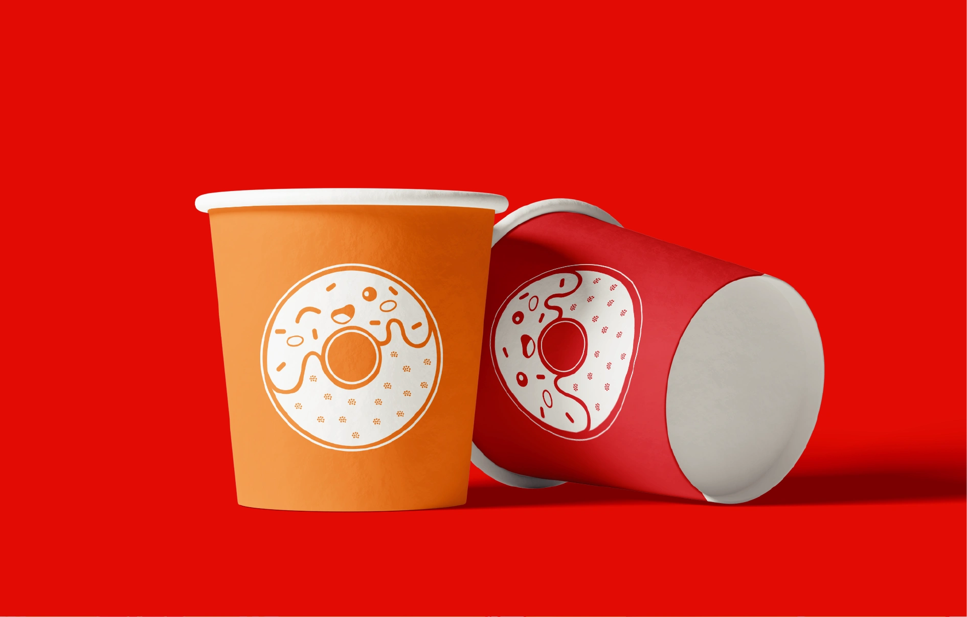 Takeaway ice cream cups wrapped in brand colors and visual elements.